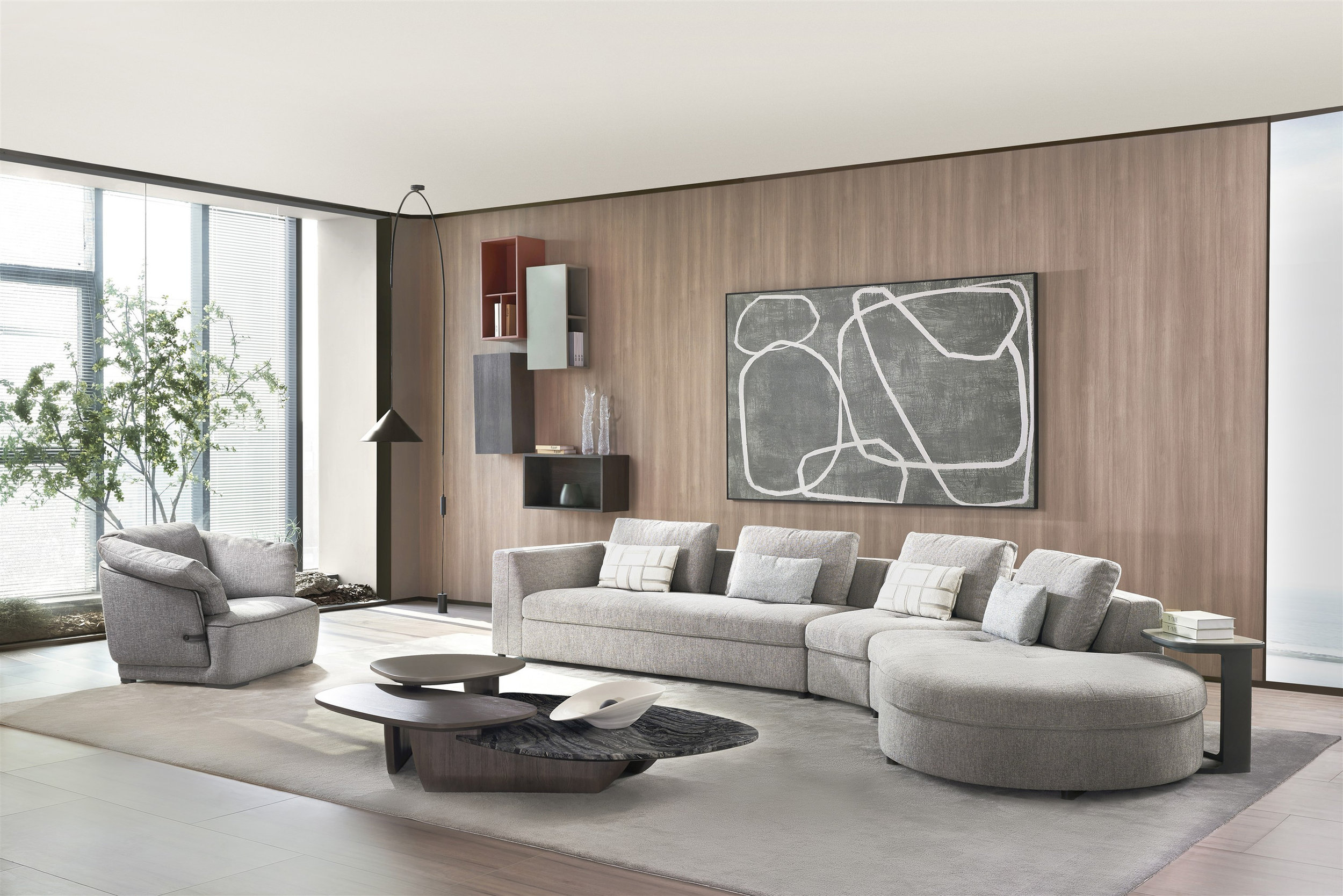 S389 Curved Fabric Sectional with Right Facing Chaise