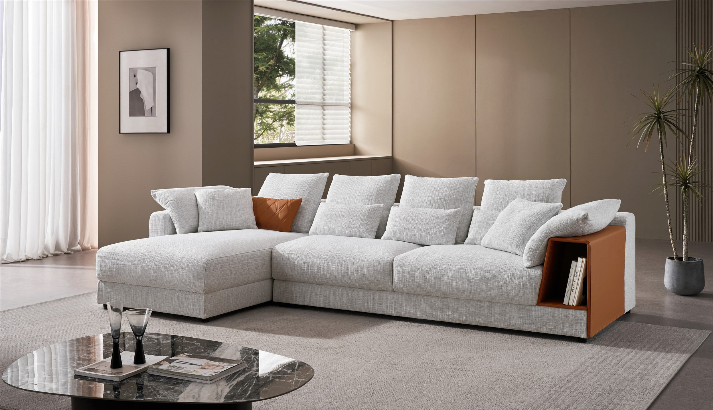 S390 Fabric Sectional Sofa with Left Facing Chaise & Storage Arm