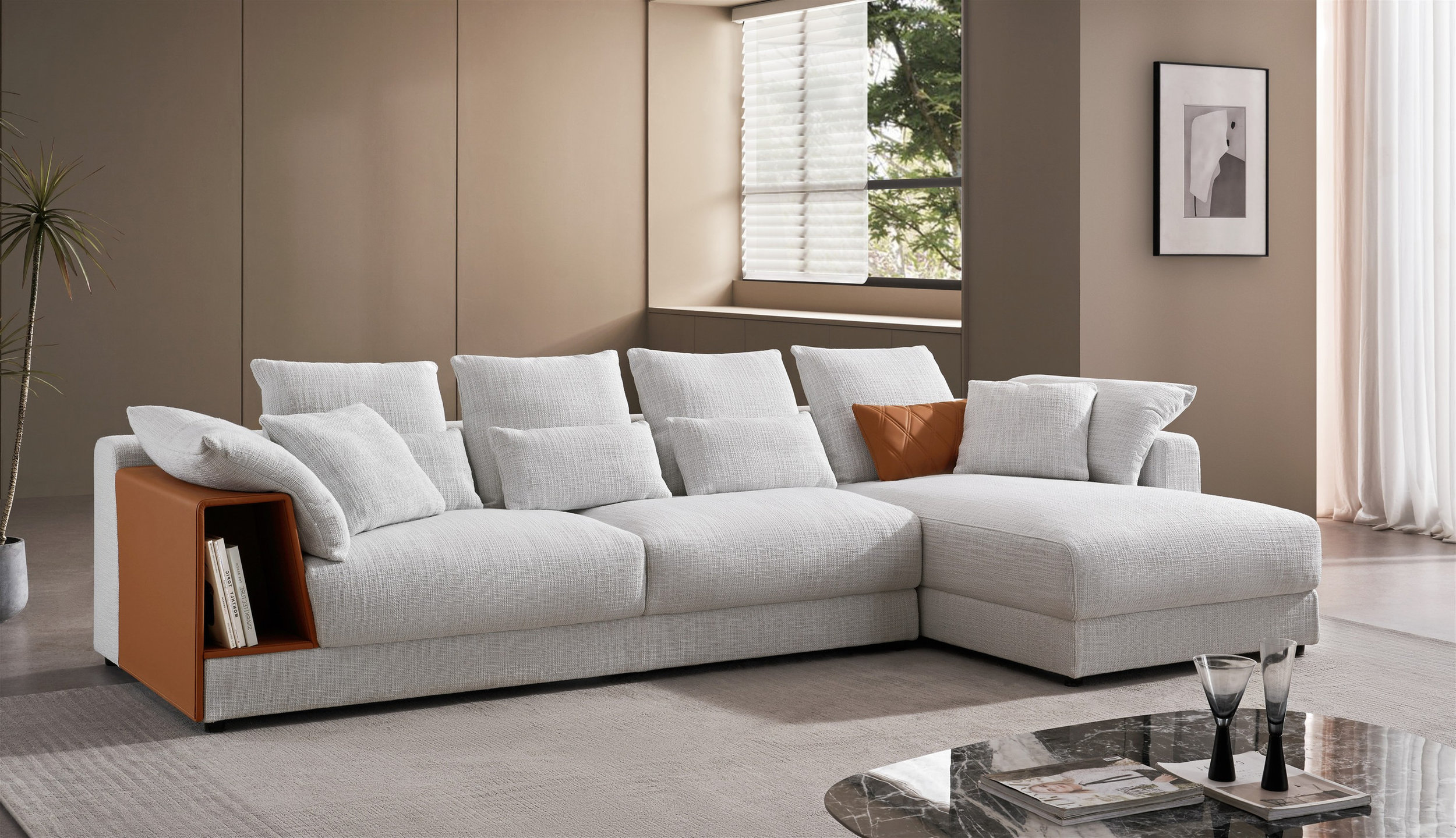 S390 Fabric Sectional Sofa with Right Facing Chaise & Storage Arm