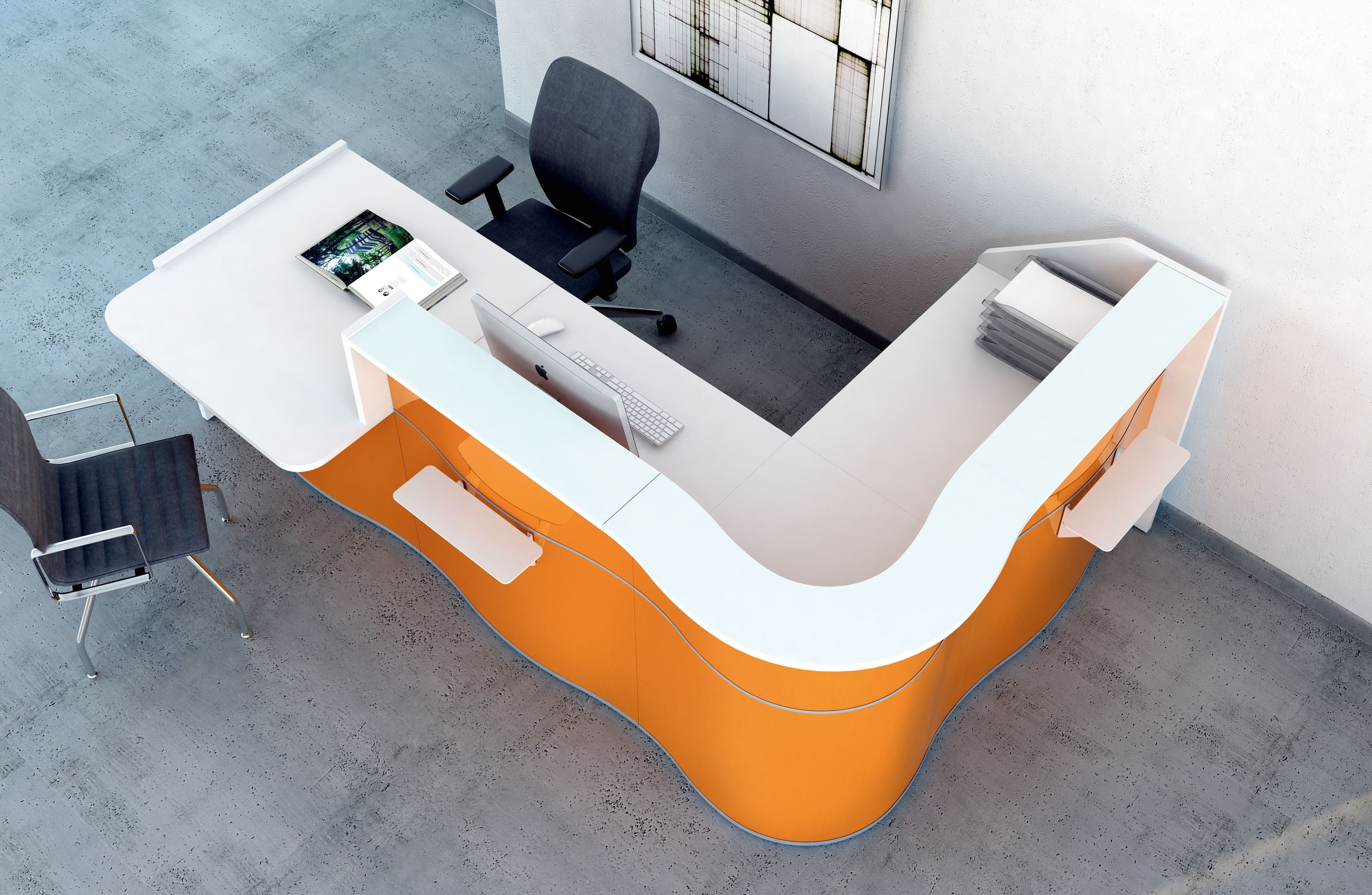 Wave Customizable Reception Desk in White And Orange Countertop