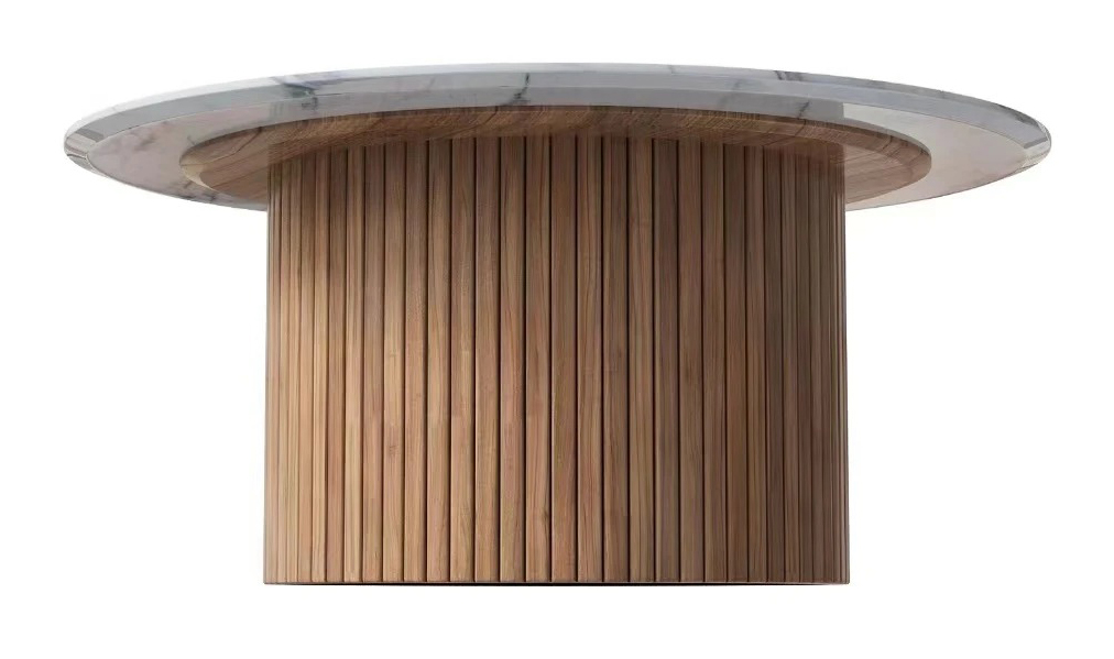 Wawa Round Marble Top Coffee Table with Slatted Wood Base