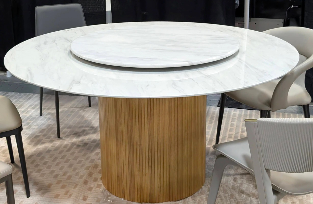 Wawa Round Marble/Wood Dining Table with Lazy Susan and Cylindrical Base