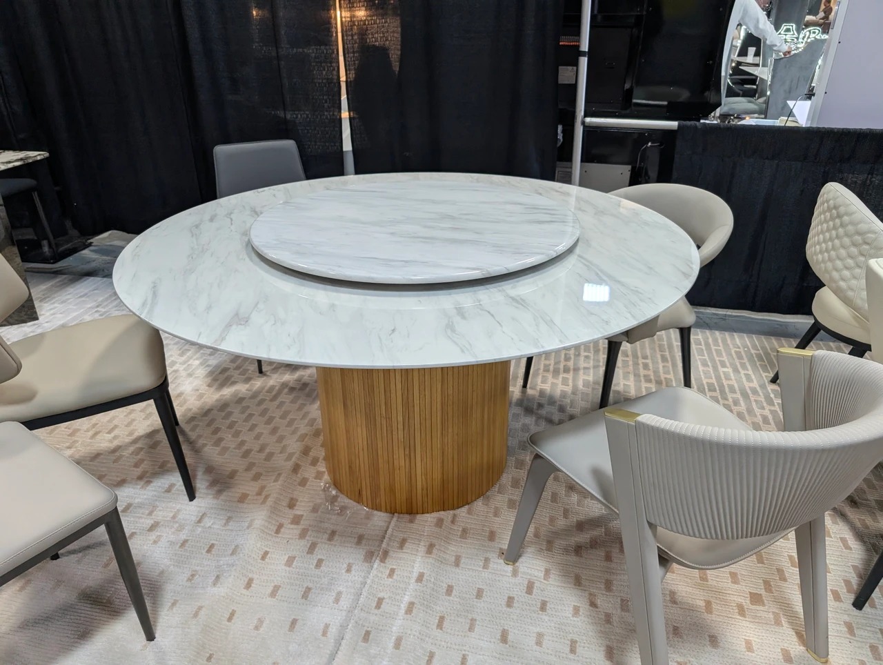 Wawa Round Marble/Wood Dining Table with Lazy Susan and Cylindrical Base