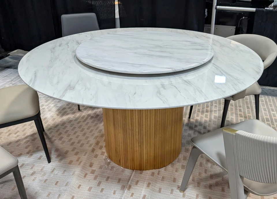 Wawa Round Marble/Wood Dining Table with Lazy Susan and Cylindrical Base