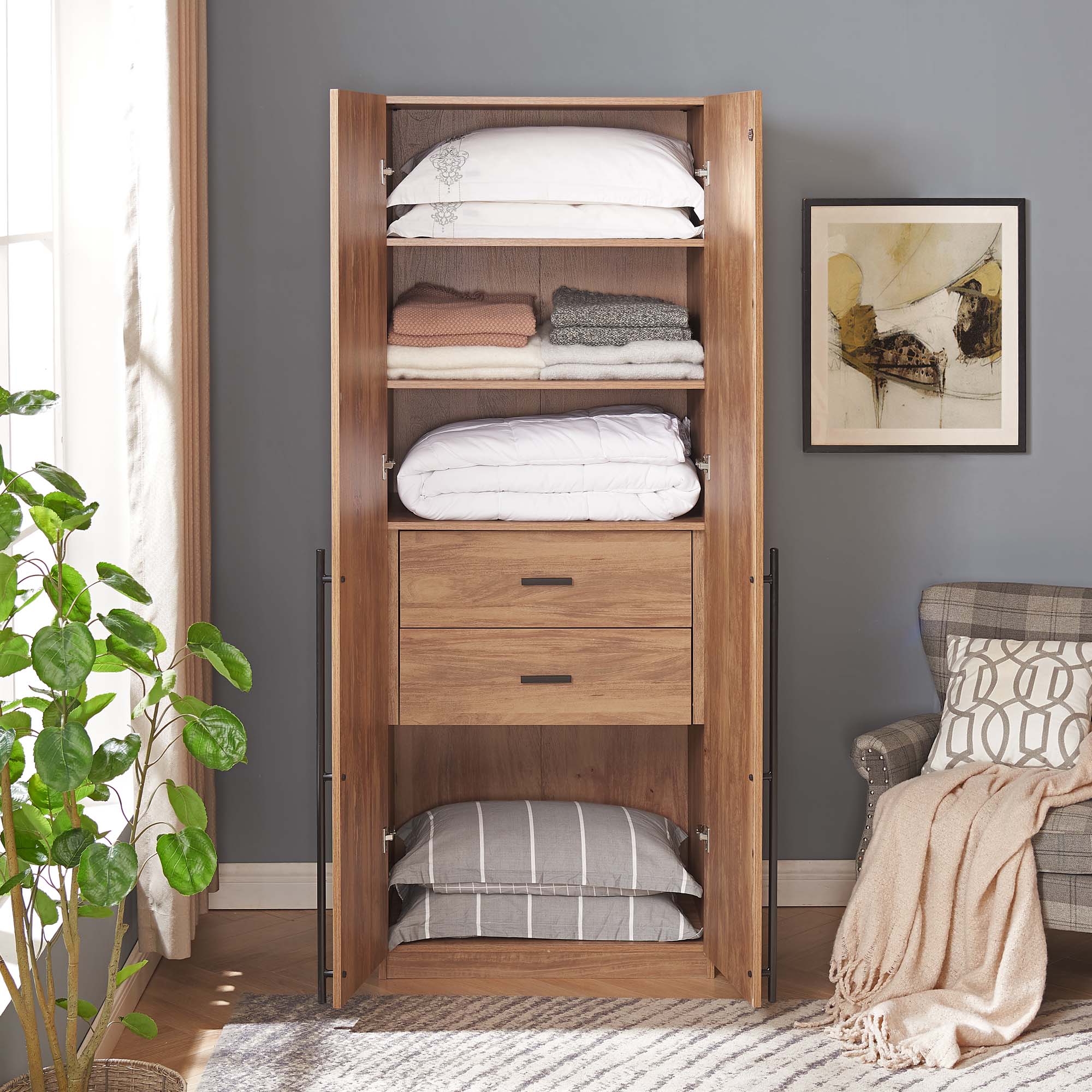 Lee Freestanding Wardrobe Closet 1.0 w/4 Shelves & 2 Drawers 