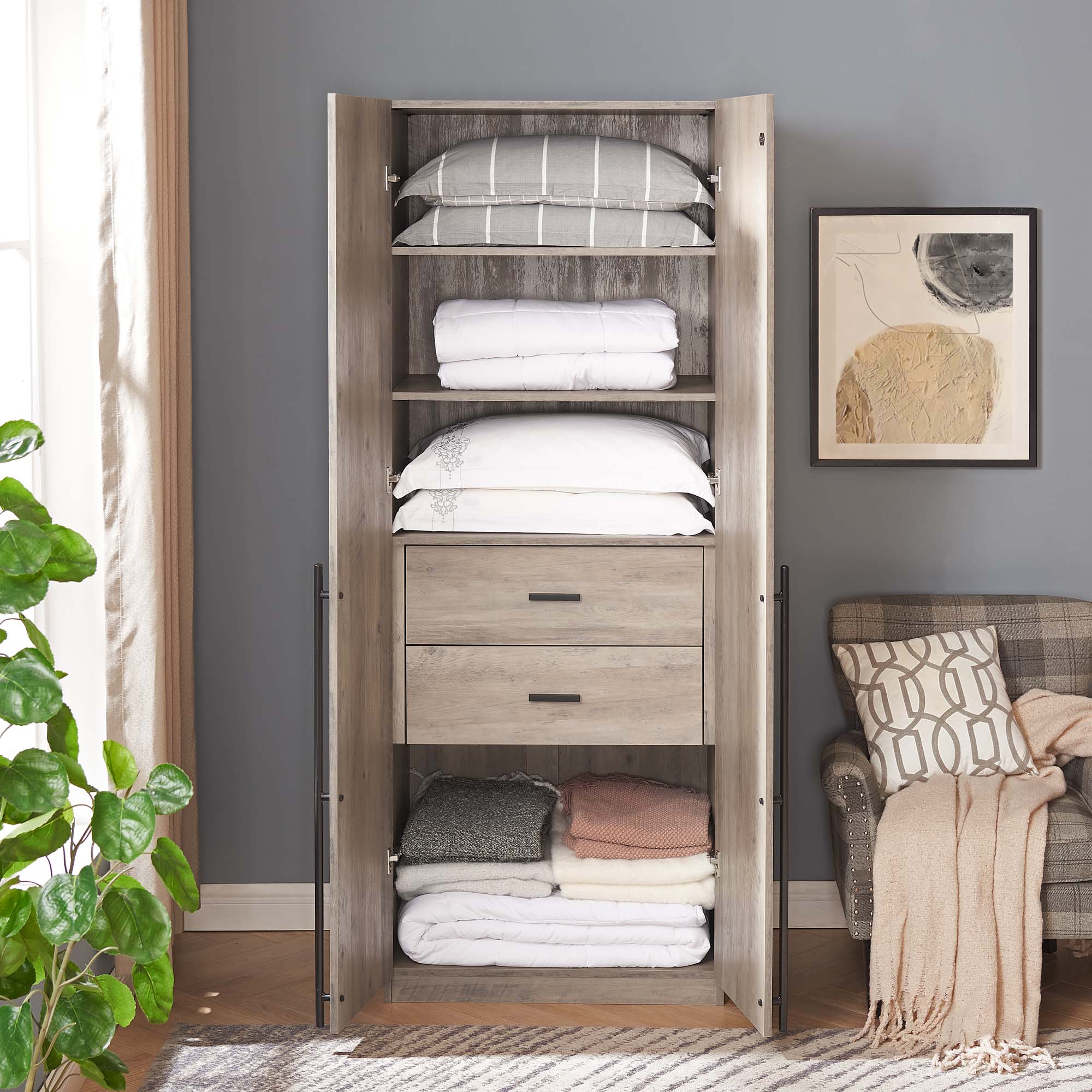 Lee Freestanding Wardrobe Closet 1.0 w/4 Shelves & 2 Drawers 
