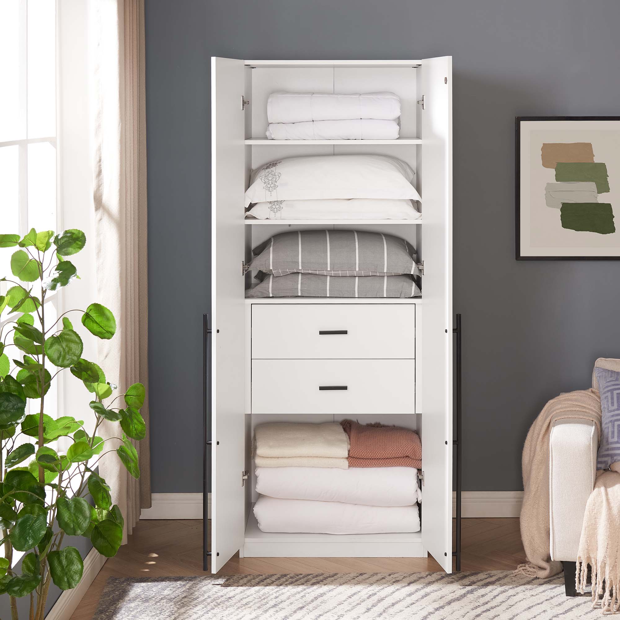 Lee Freestanding Wardrobe Closet 1.0 w/4 Shelves & 2 Drawers 
