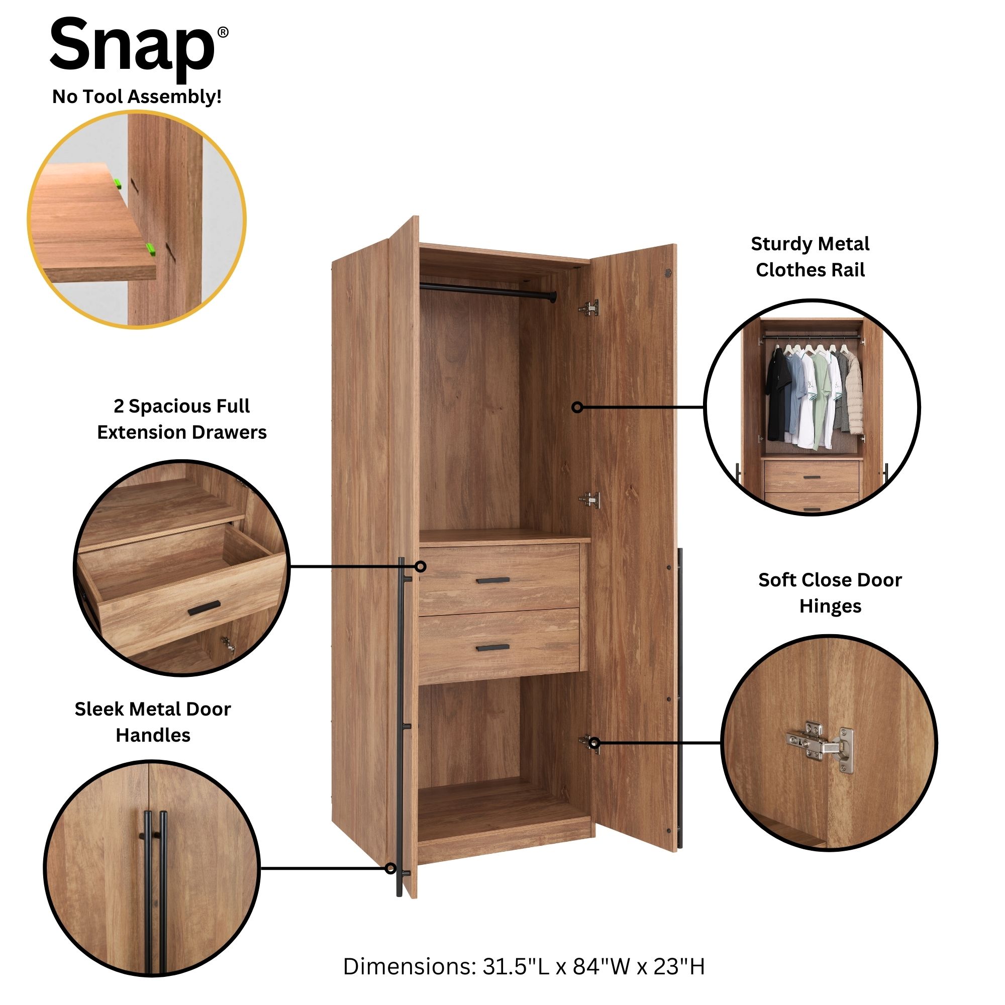 Lee Freestanding Wardrobe Closet 2.0 w/1 Hanging Rod, 1 Shelf & 2 Drawers 