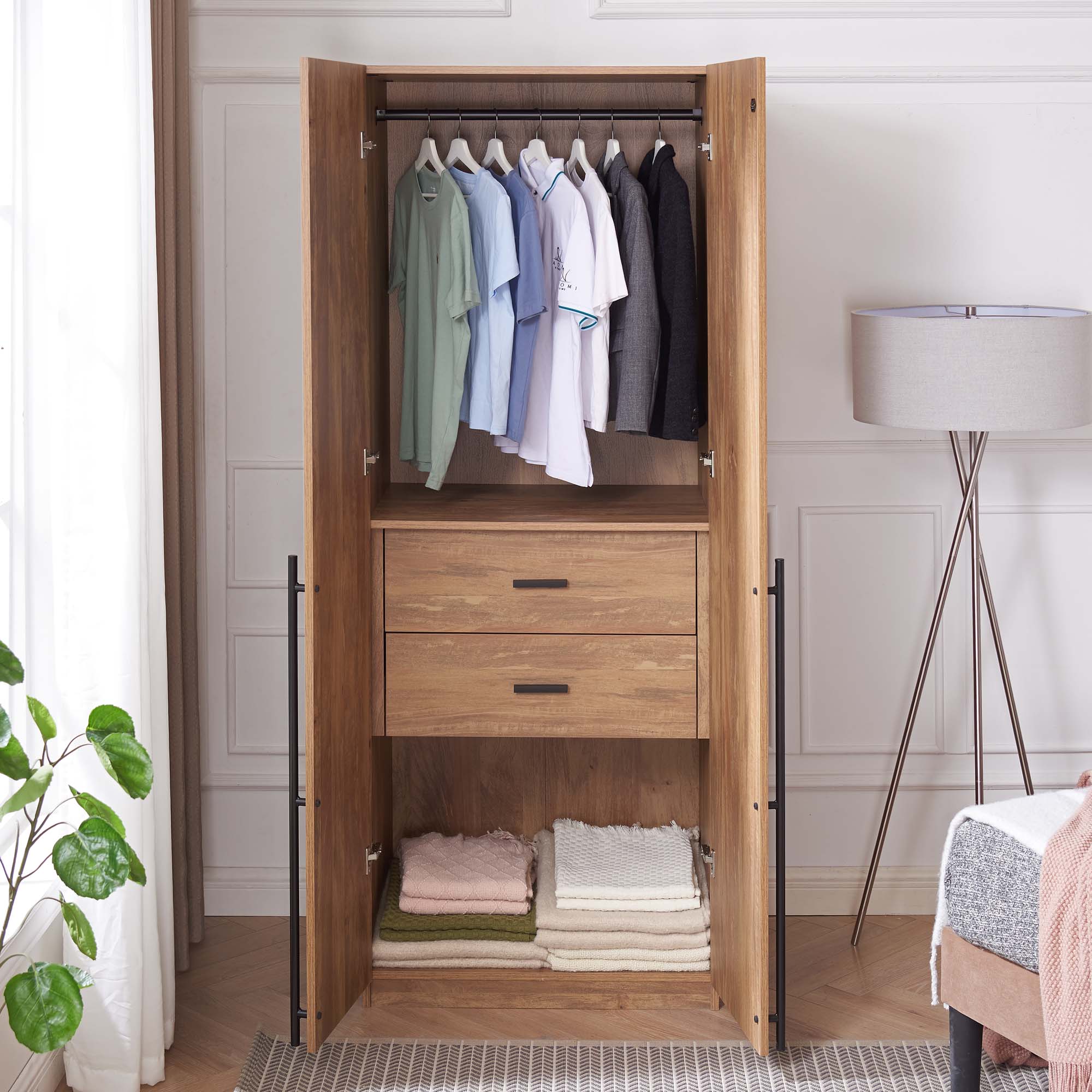 Lee Freestanding Wardrobe Closet 2.0 w/1 Hanging Rod, 1 Shelf & 2 Drawers 