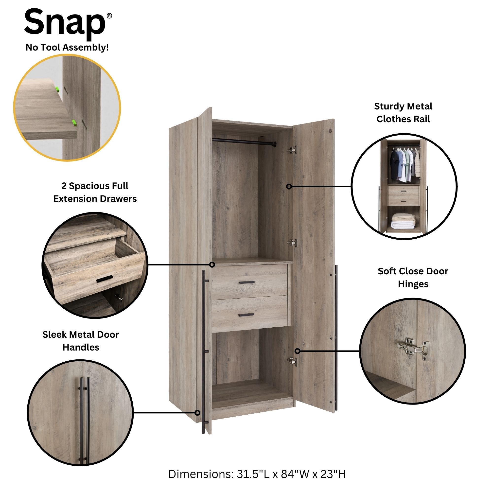 Lee Freestanding Wardrobe Closet 2.0 w/1 Hanging Rod, 1 Shelf & 2 Drawers 