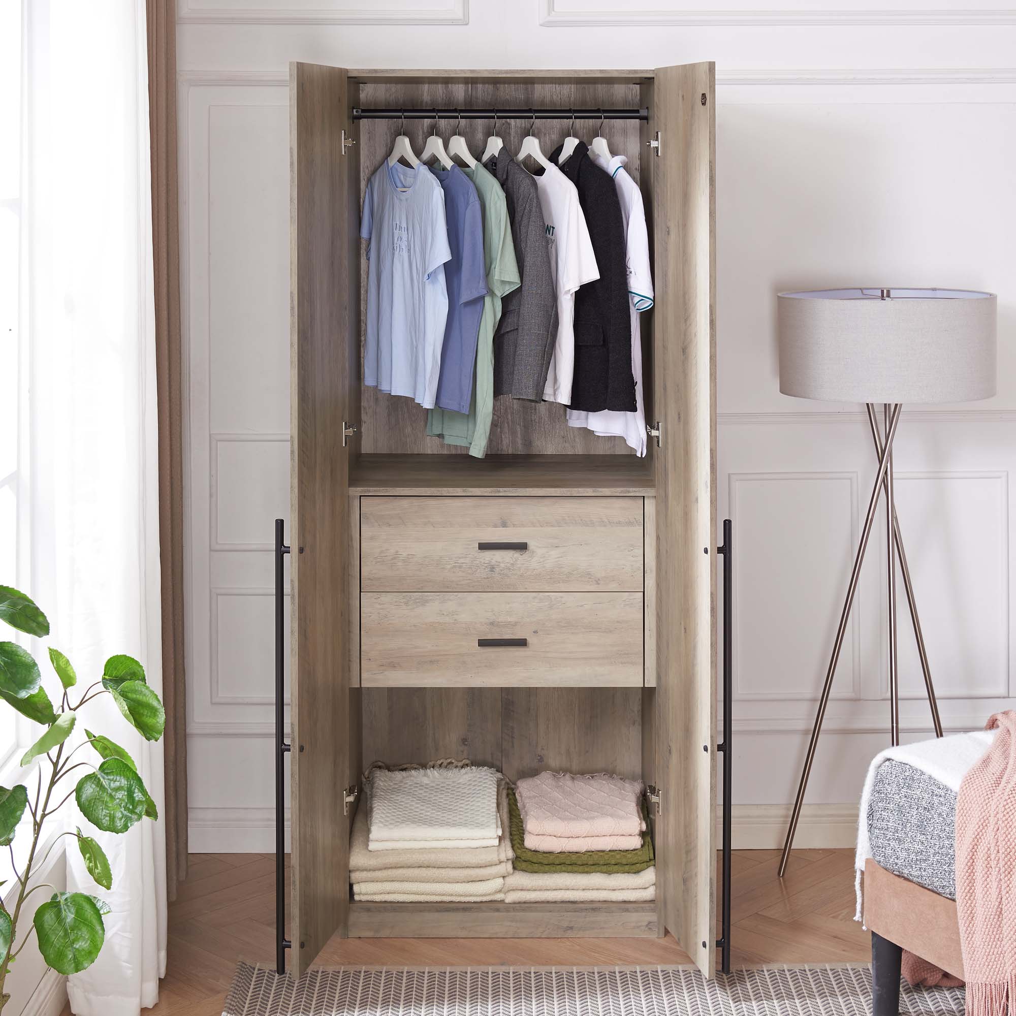 Lee Freestanding Wardrobe Closet 2.0 w/1 Hanging Rod, 1 Shelf & 2 Drawers 