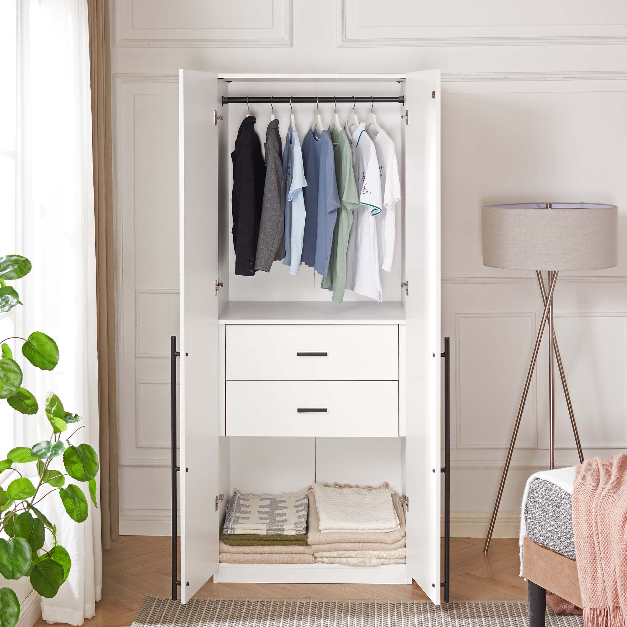 Lee Freestanding Wardrobe Closet 2.0 w/1 Hanging Rod, 1 Shelf & 2 Drawers 