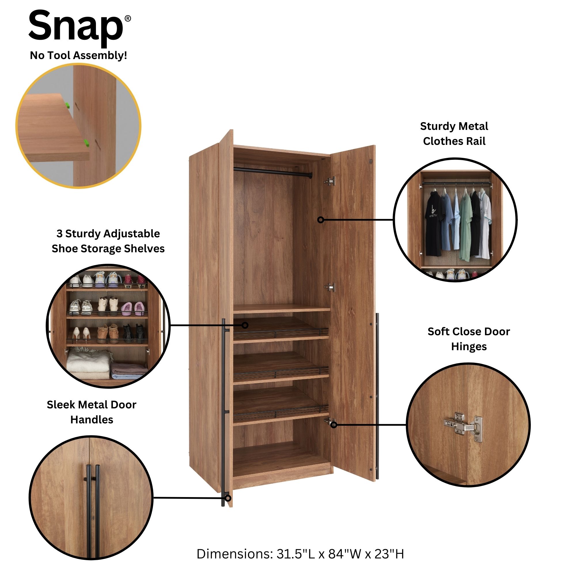 Lee Freestanding Wardrobe Closet 3.0 w/1 Hanging Rod, 3 Shoe Shelves & 1 Basic Shelf 