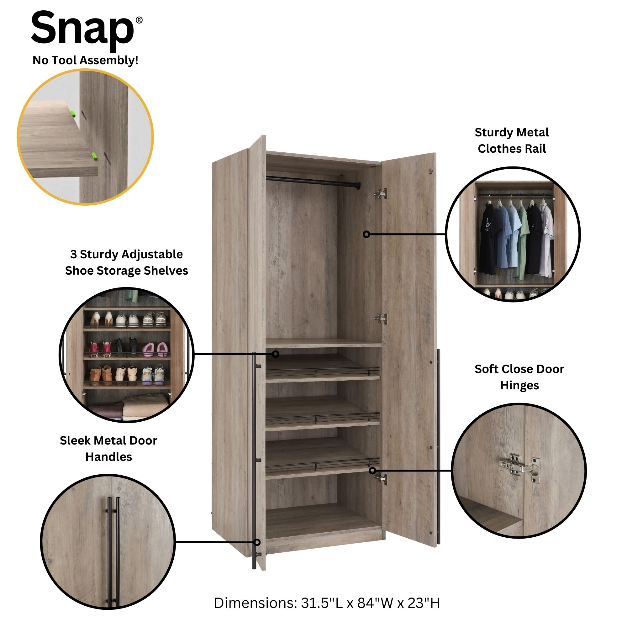 Lee Freestanding Wardrobe Closet 3.0 w/1 Hanging Rod, 3 Shoe Shelves & 1 Basic Shelf 
