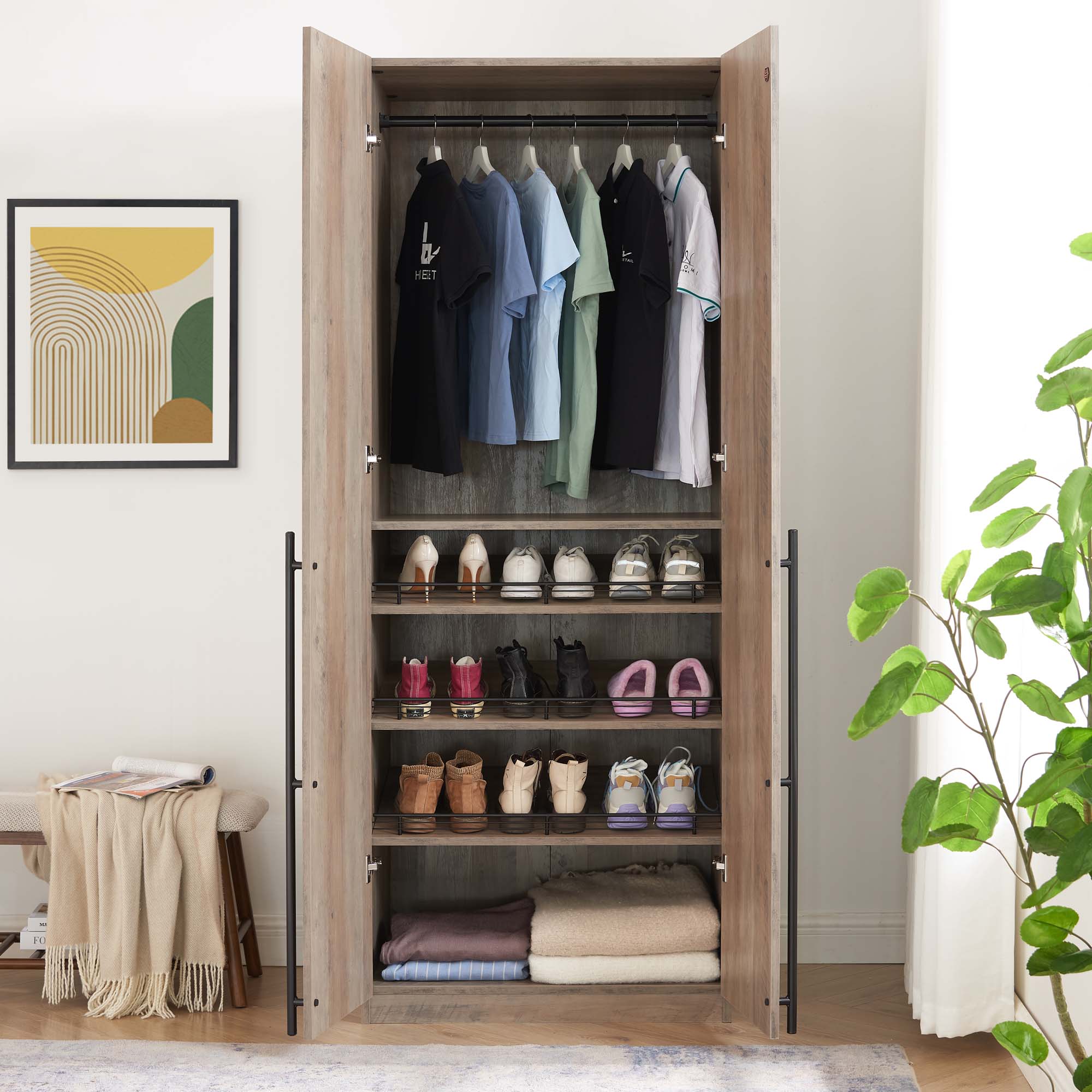 Lee Freestanding Wardrobe Closet 3.0 w/1 Hanging Rod, 3 Shoe Shelves & 1 Basic Shelf 