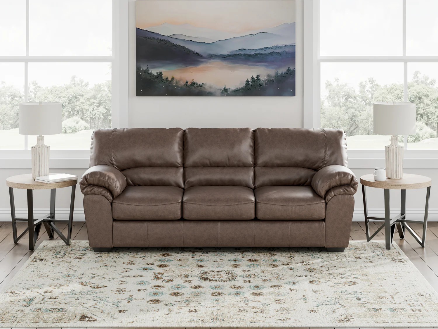WillowBend Modern Sofa | Umber Faux Leather with Jumbo Stitching