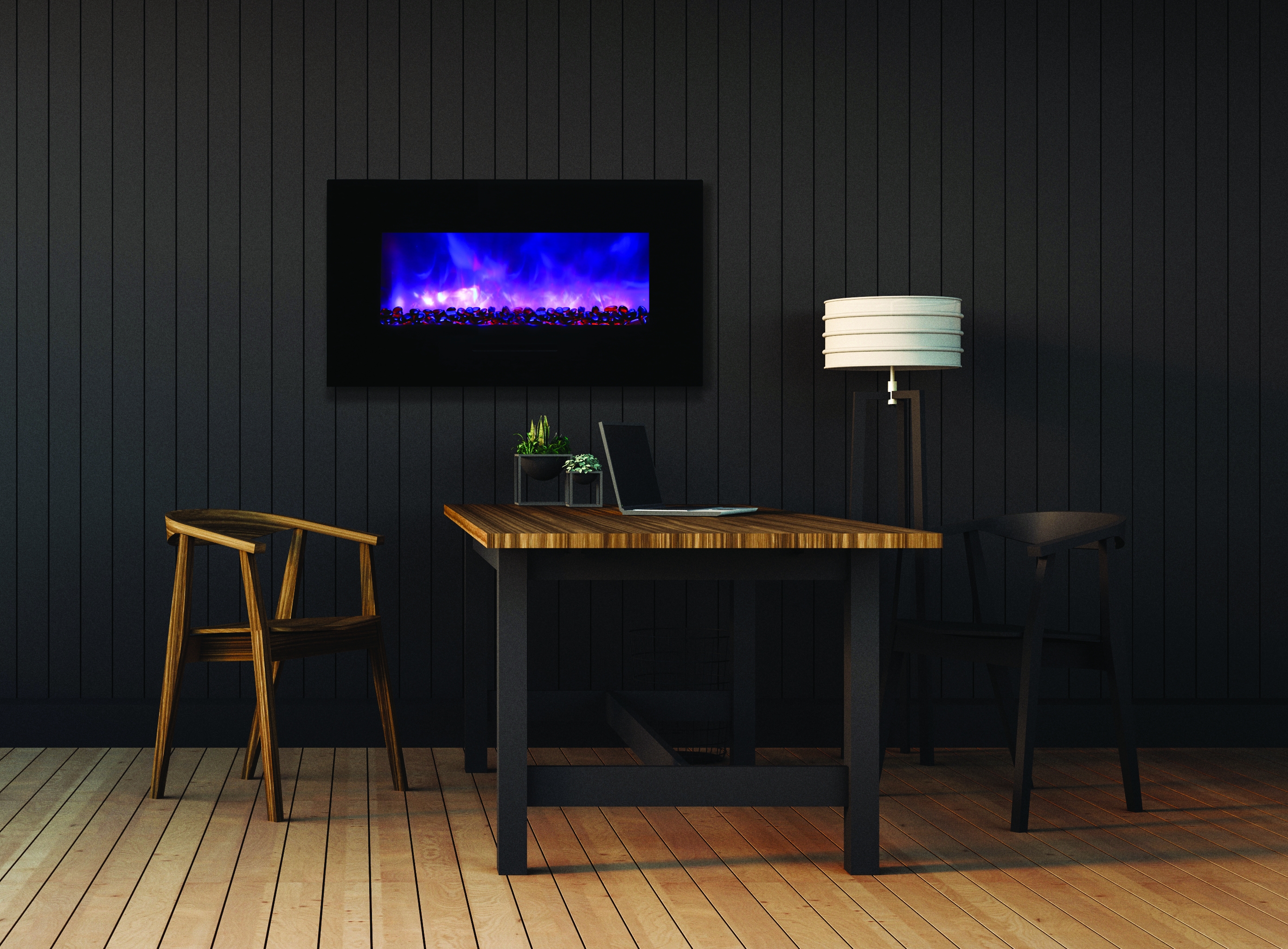 WM-FM 34" Flush Mount Electric Fireplace w/Black Glass Surround & Log Set