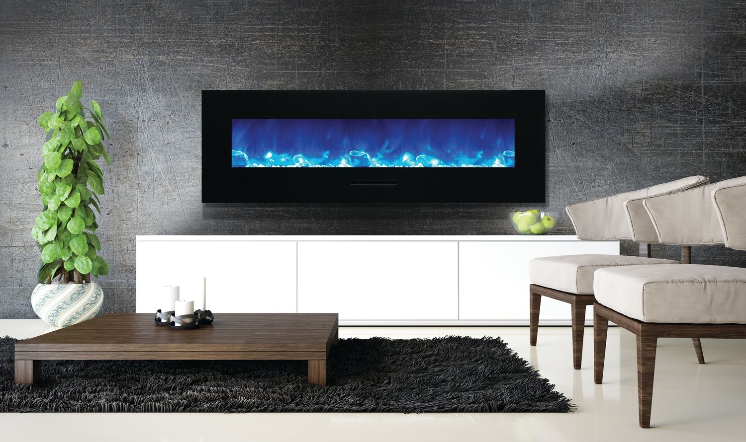 WM-FM 60" Flush Mount Electric Fireplace w/Black Glass Surround & Log Set