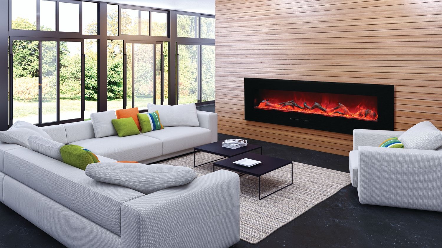 WM-FM 72" Flush Mount Electric Fireplace w/ Black Glass Surround & Log Set