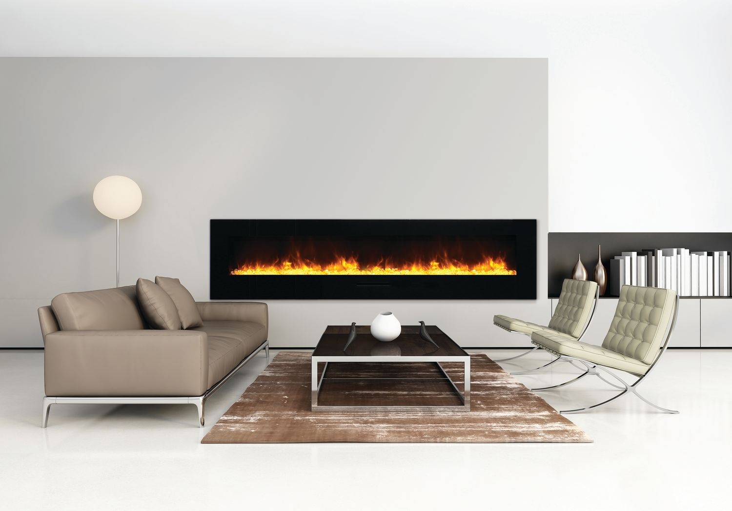 WM-FM 88" Flush Mount Electric Fireplace w/ Black Glass Surround & Log Set