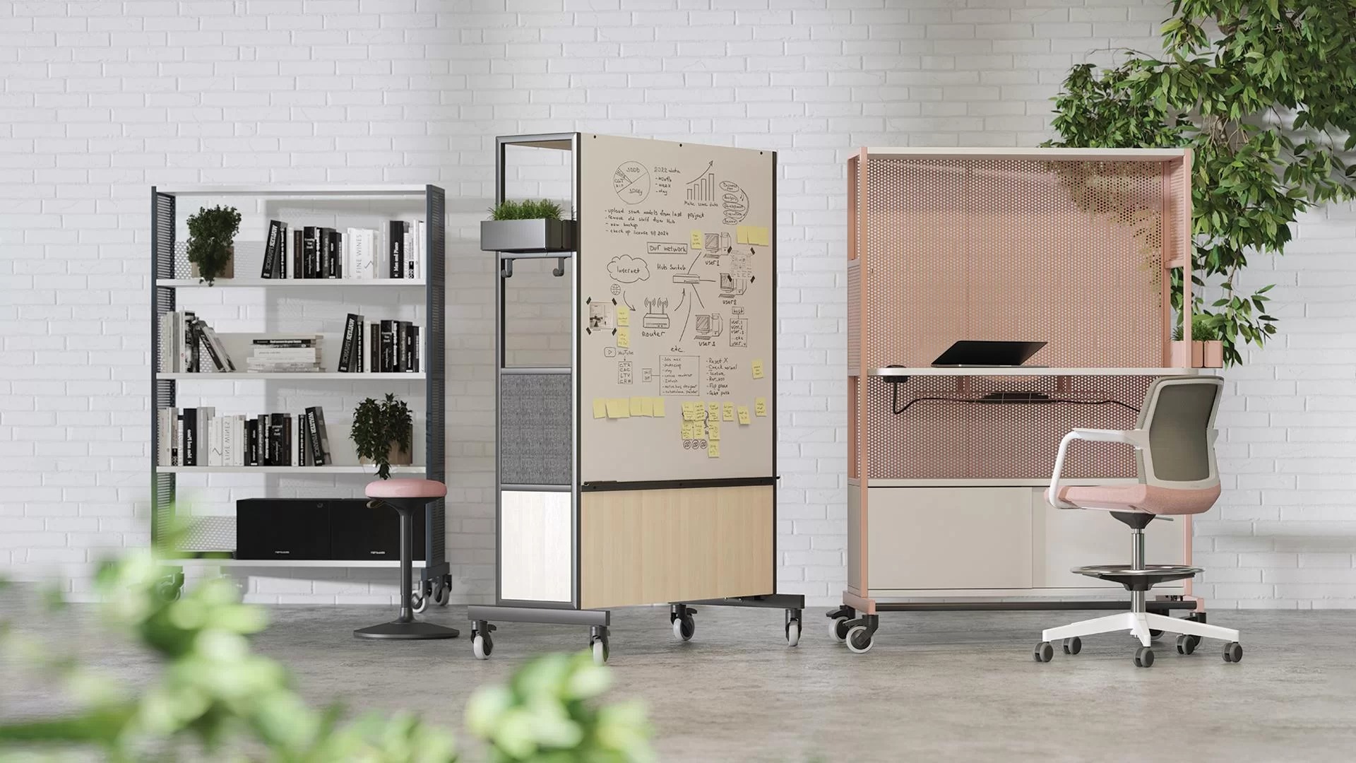 Worklab Mobile Media Wall w/Fixed Shelf, Cabinet & Metal Back Panel
