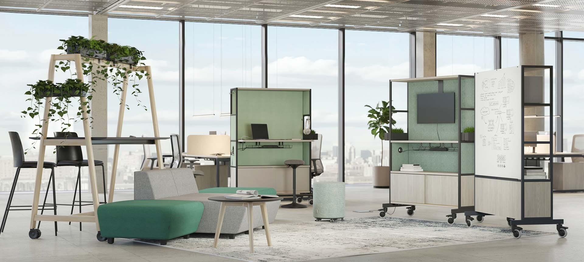 Worklab Mobile Media Wall w/Fixed Shelf, Cabinet & Back Panel