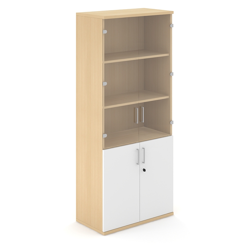 Uni Melamine Office Lockable Cabinet w/2 Glass Doors & 4 Shelves