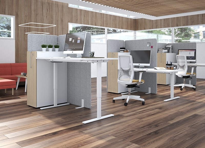 One 63" Electric Height Adjustable Office Desk w/Cut-Out for Wire Management (scallop) & Mesh Fabric Cover for Control Box under The Desktop