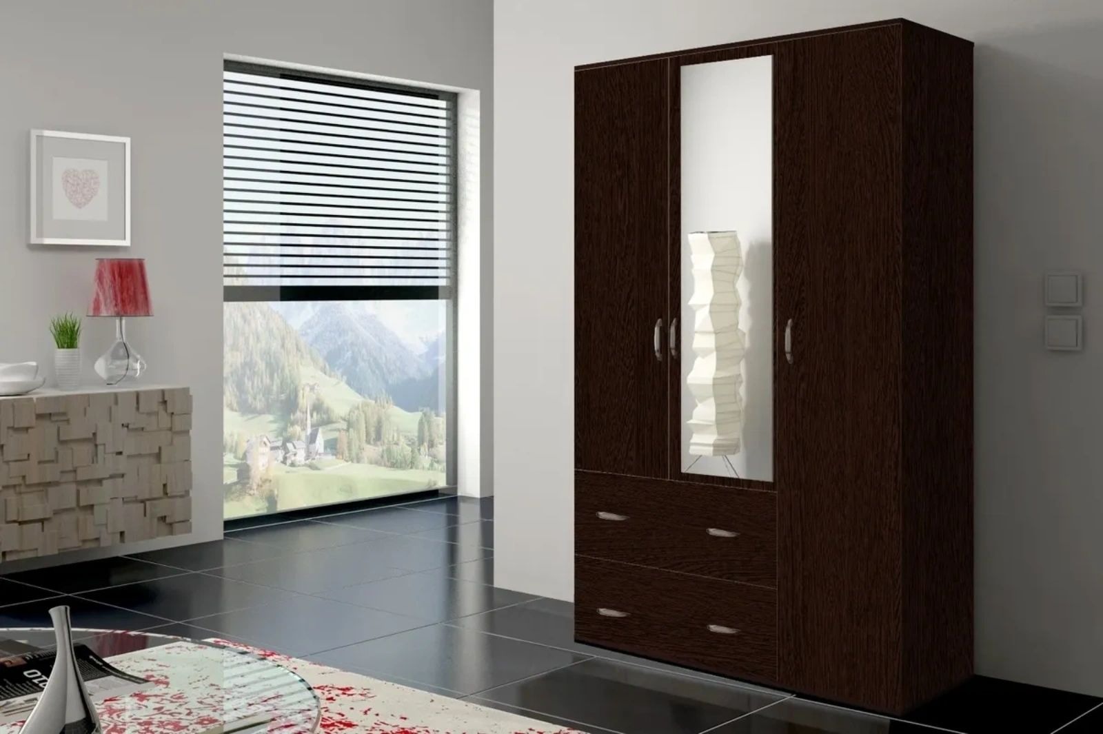 Orlando 59-inch 3-Door Matte Wood Wardrobe with 3 Drawers & Mirror