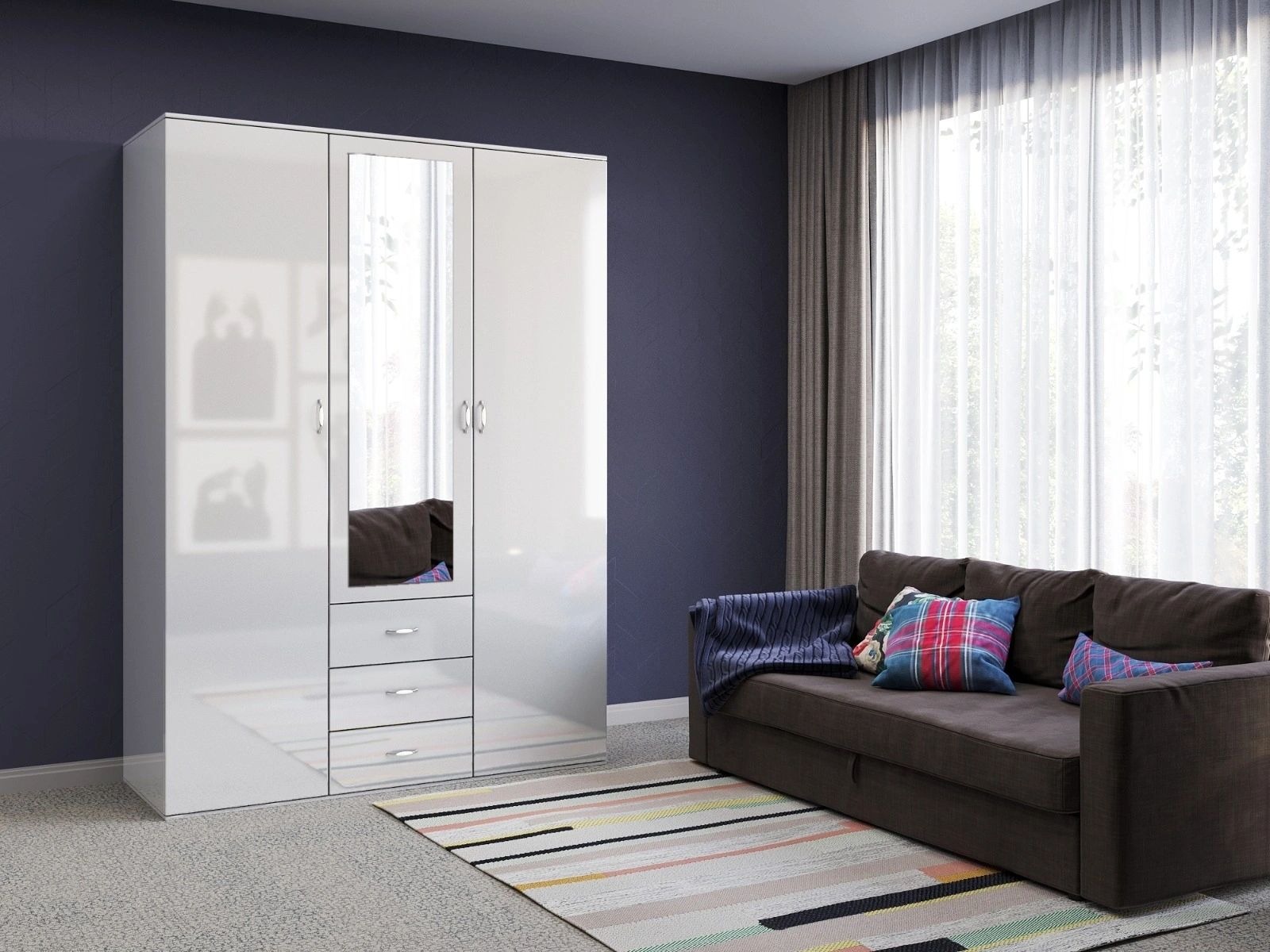 Orlando 59-inch 3-Door Glossy Wood Wardrobe with 3 Drawers & Mirror