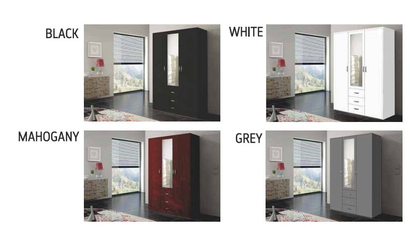 Orlando 59-inch 3-Door Matte Wood Wardrobe with 3 Drawers & Mirror