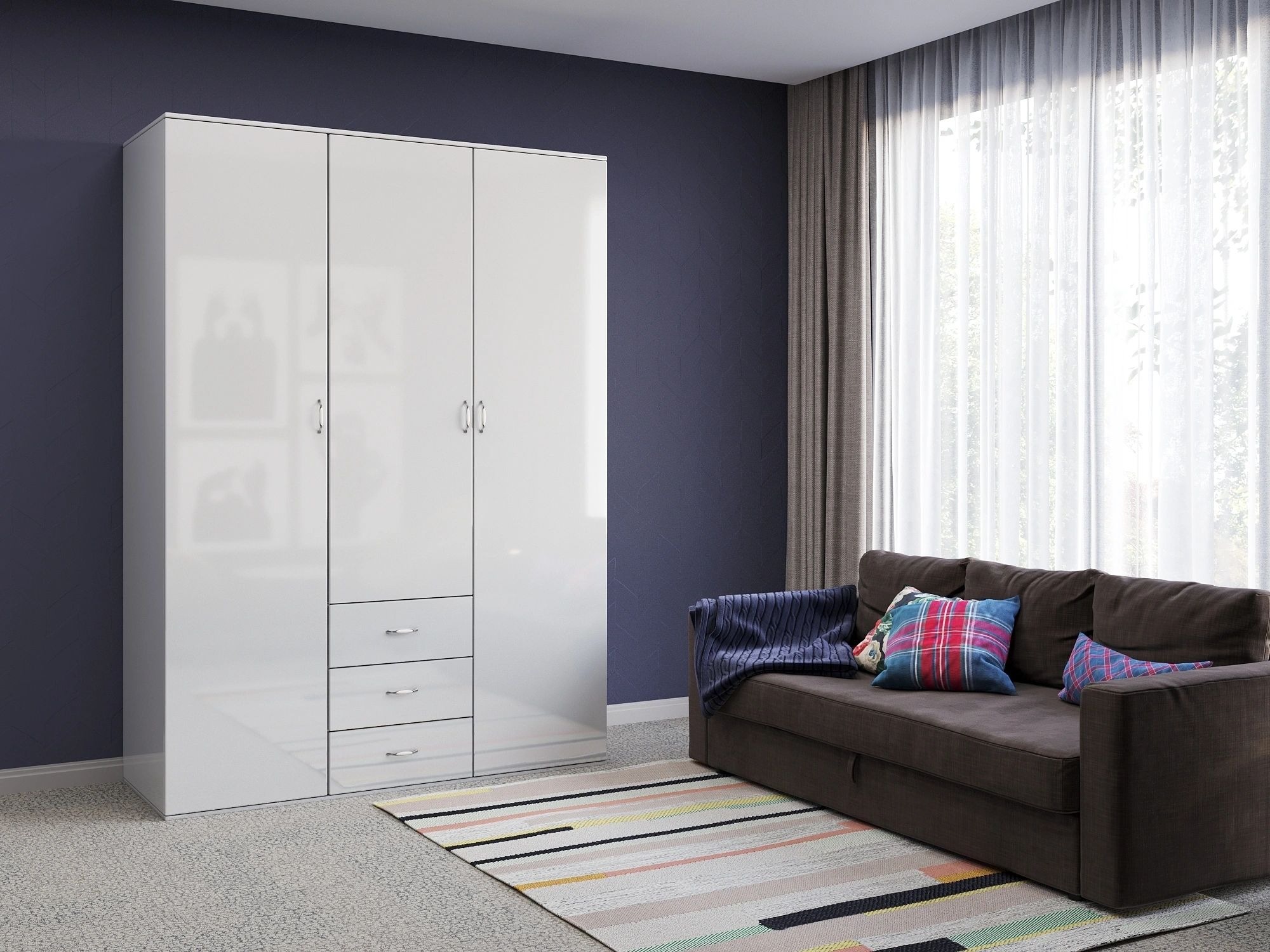 Orlando 59-inch 3-Door Glossy Wood Wardrobe with 3 Drawers