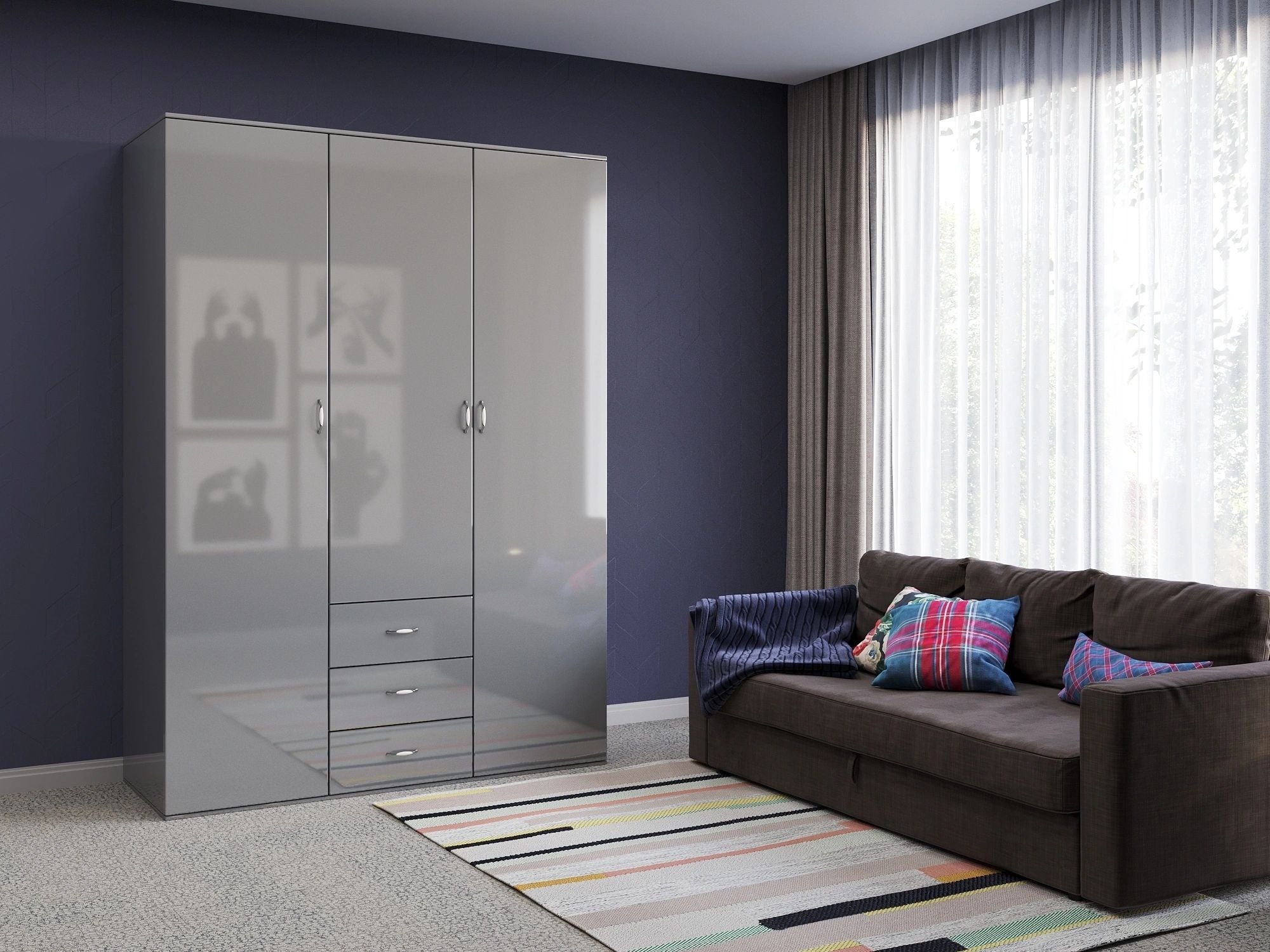 Orlando 59-inch 3-Door Glossy Wood Wardrobe with 3 Drawers