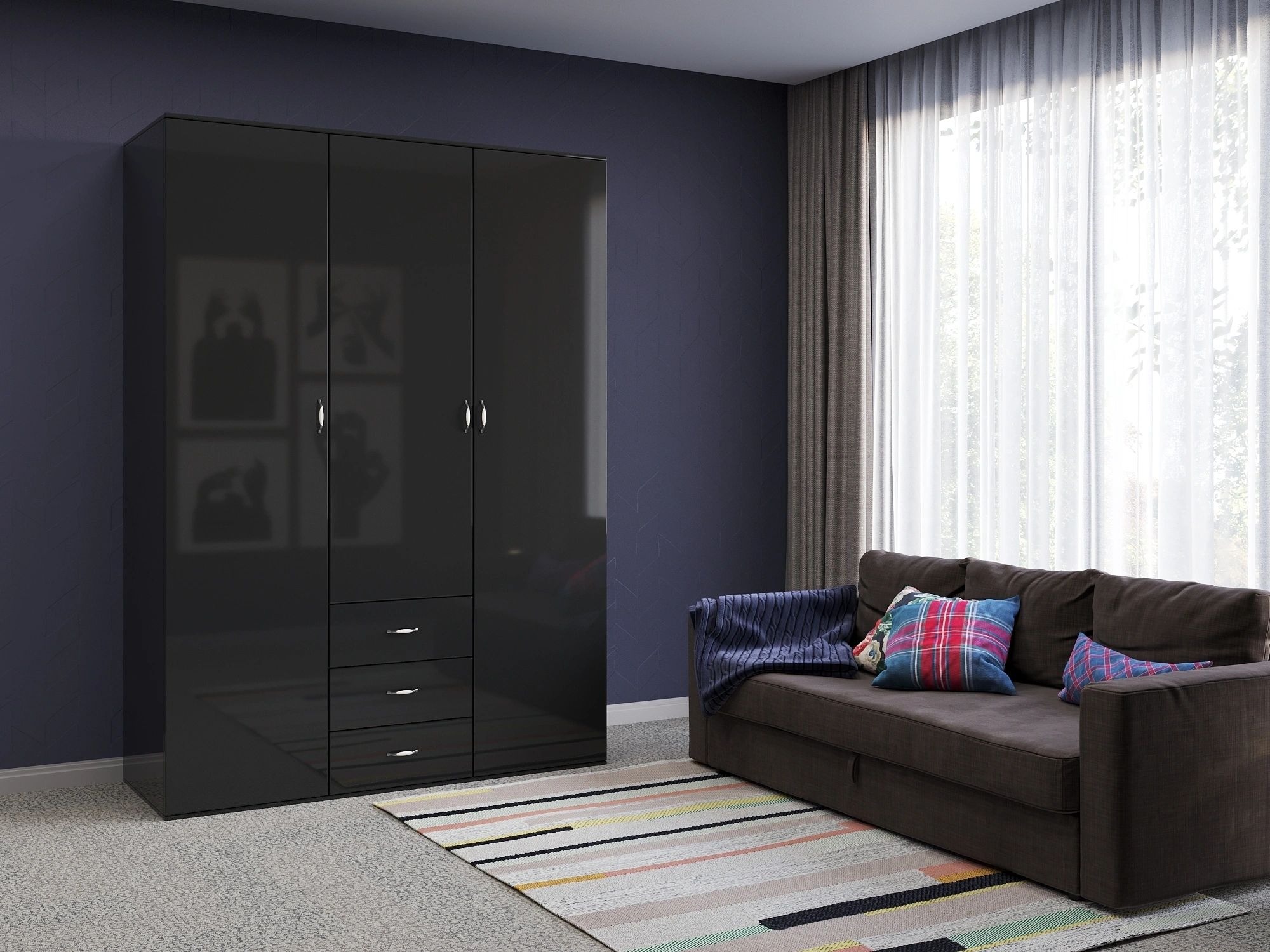 Orlando 59-inch 3-Door Glossy Wood Wardrobe with 3 Drawers