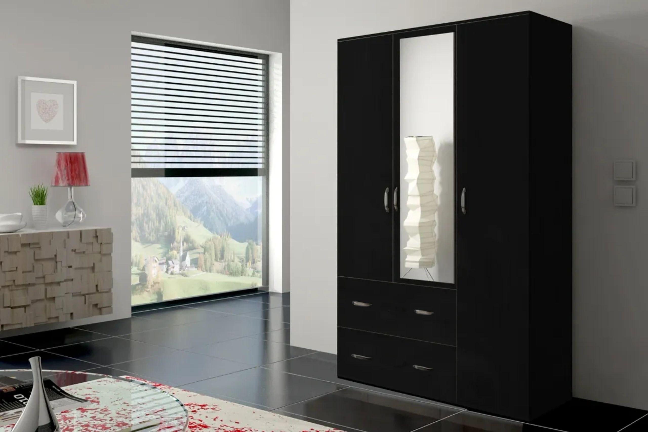 Orlando 59-inch 3-Door Matte Wood Wardrobe with 3 Drawers & Mirror