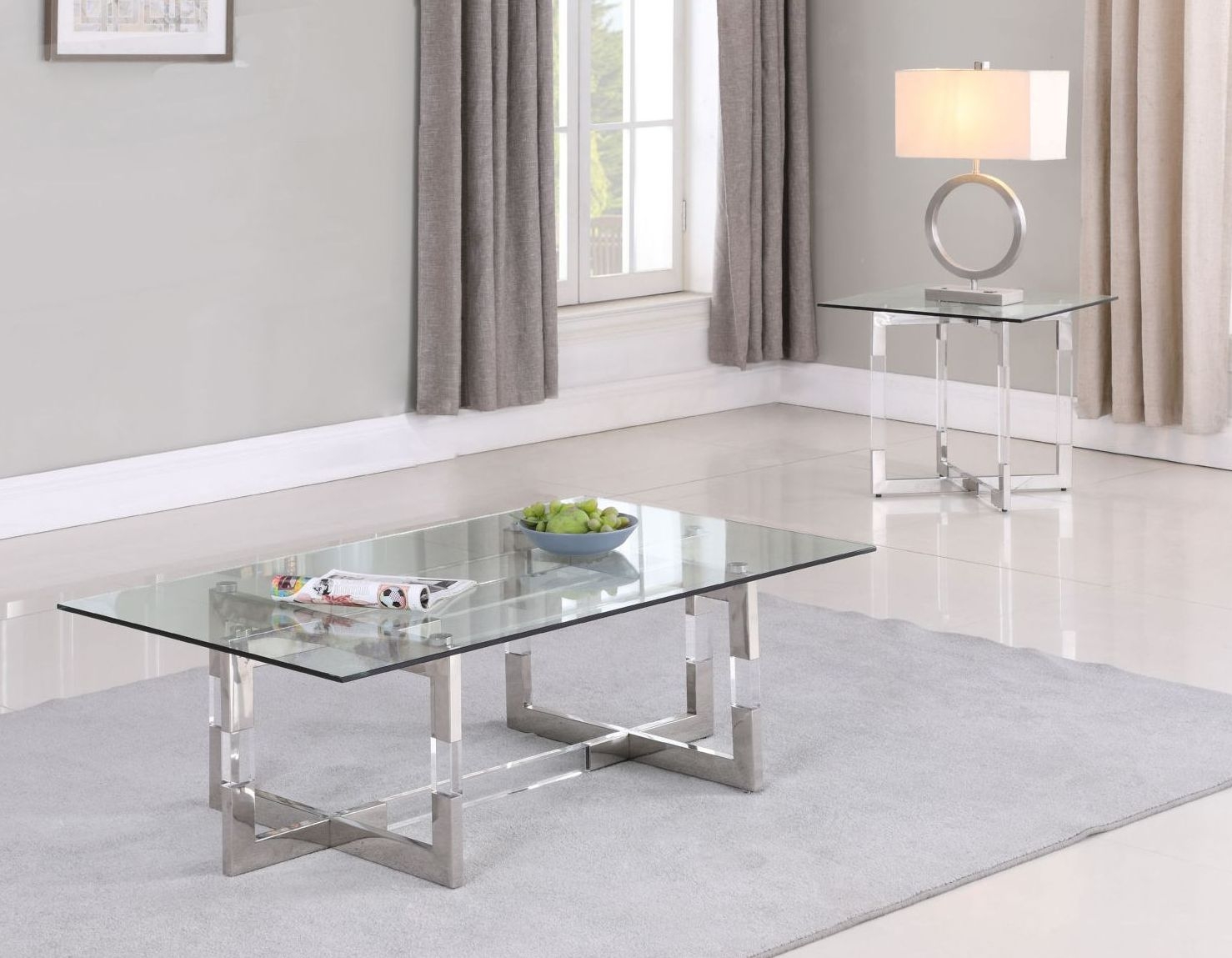 Yasmin Glass Lamp Side Table w/Floating Acrylic Base & Steel