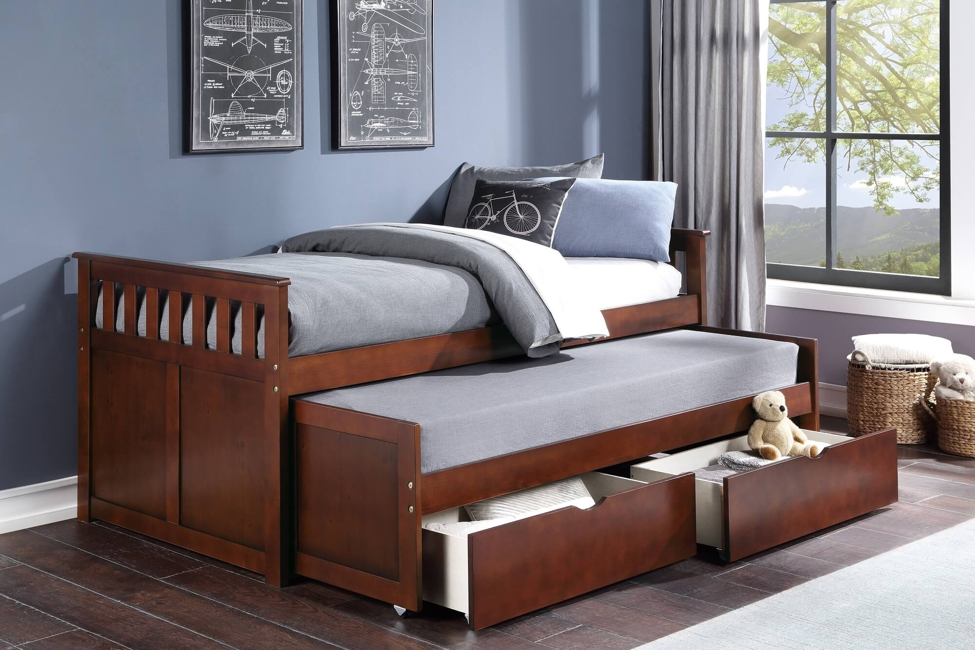 Rowe Wood/Wood Veneer Trundle Bed w/ Storage Boxes, Twin/Twin Size