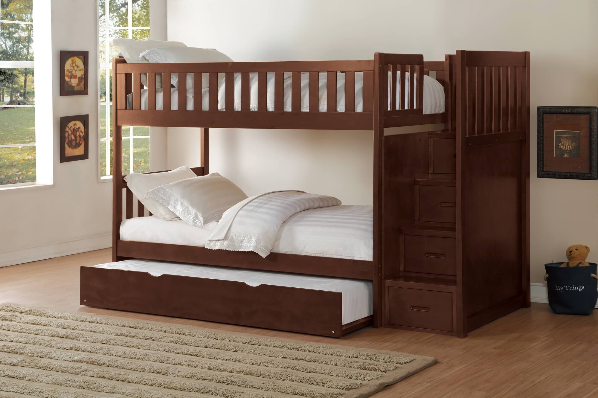 Rowe Wood/Wood Veneer Bunk Bed w/ Twin Trundle & Reversible Step Storage