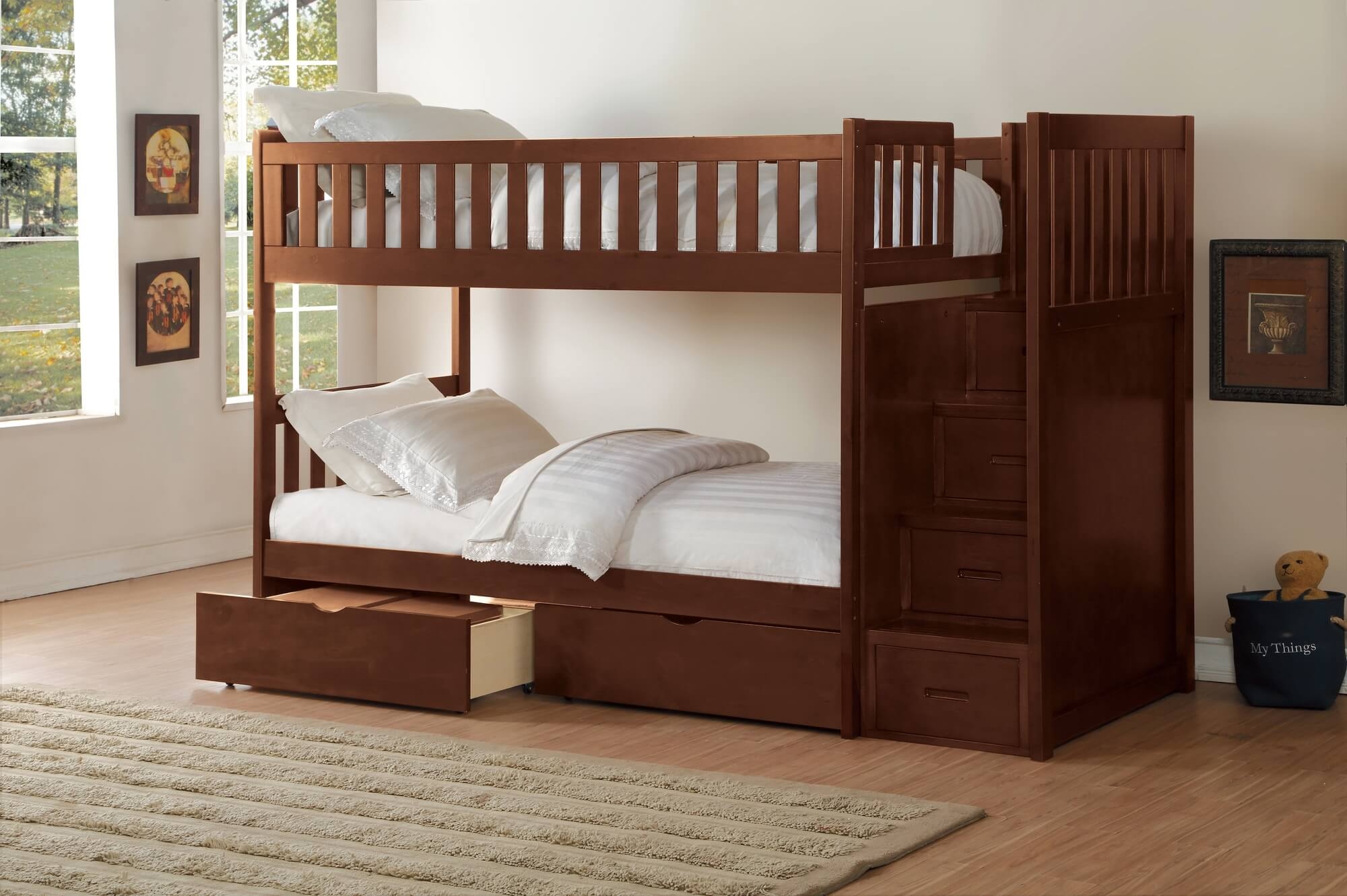 Rowe Wood/Wood Veneer Bunk Bed w/ Storage Boxes & Reversible Step Storage