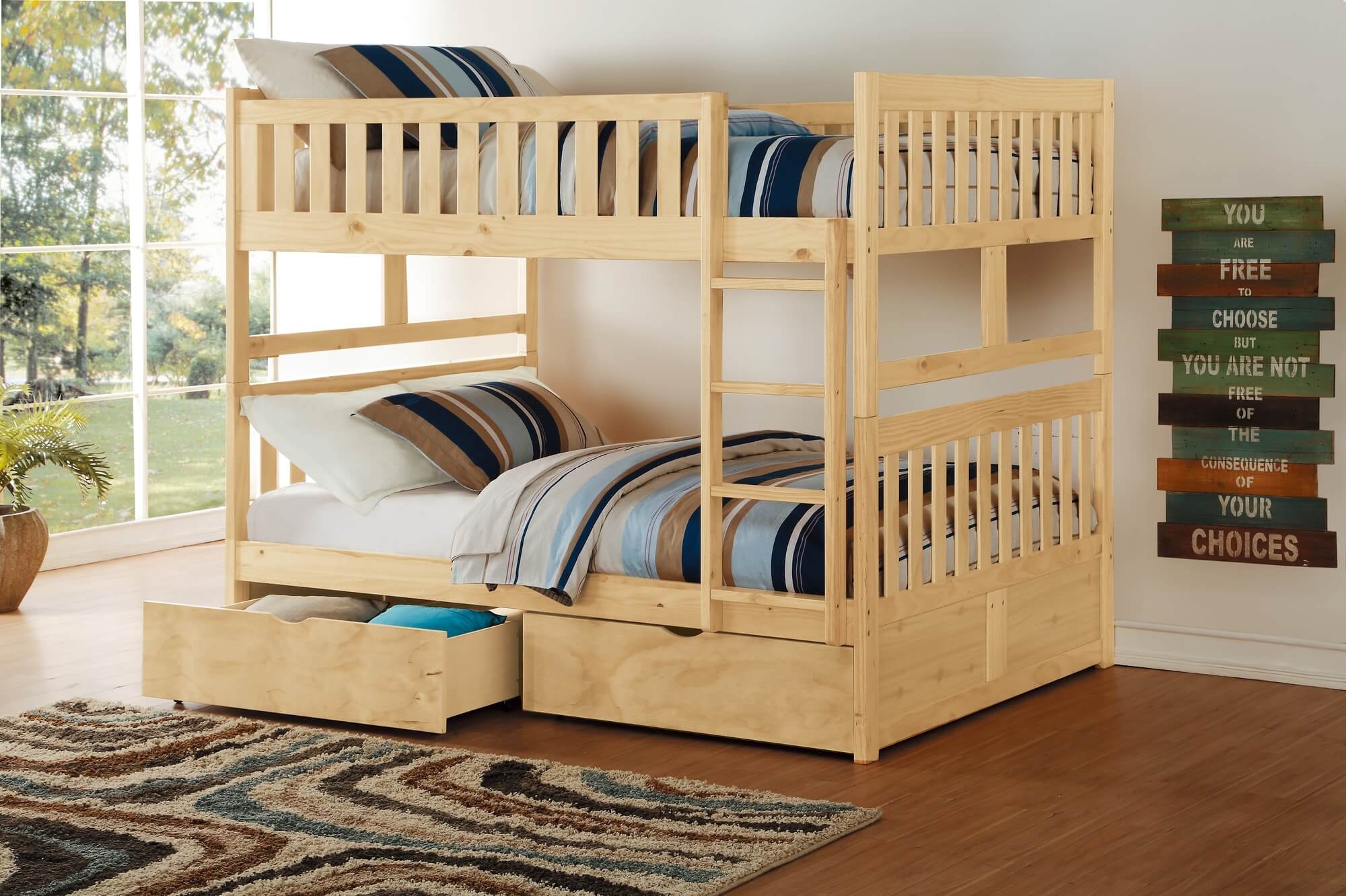 Bartly Wood/Wood Veneer Bunk Bed w/ Storage Boxes, Full/Full Size