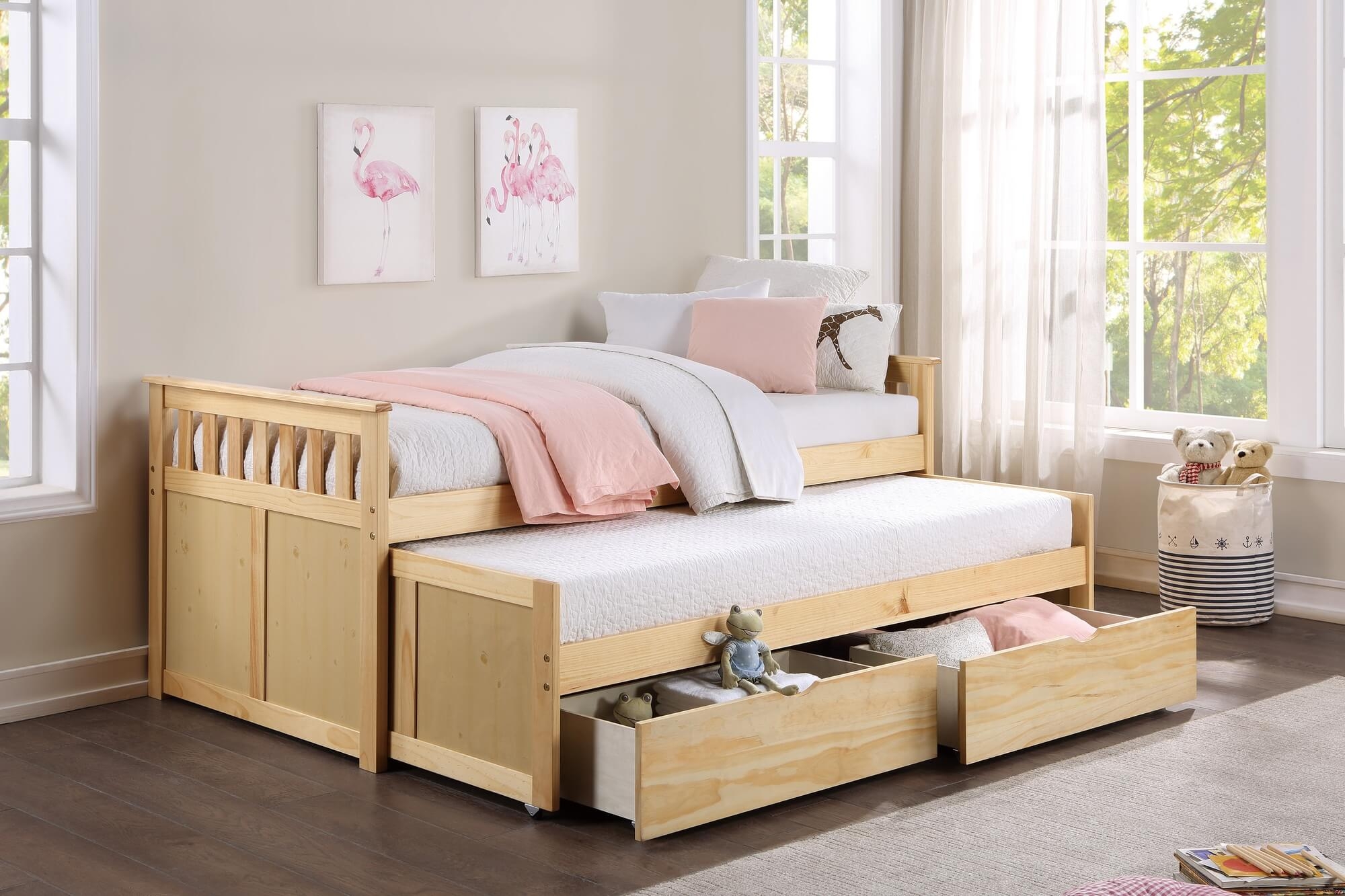 Bartly Wood/Wood Veneer Trundle Bed w/ Storage Boxes, Twin/Twin Size