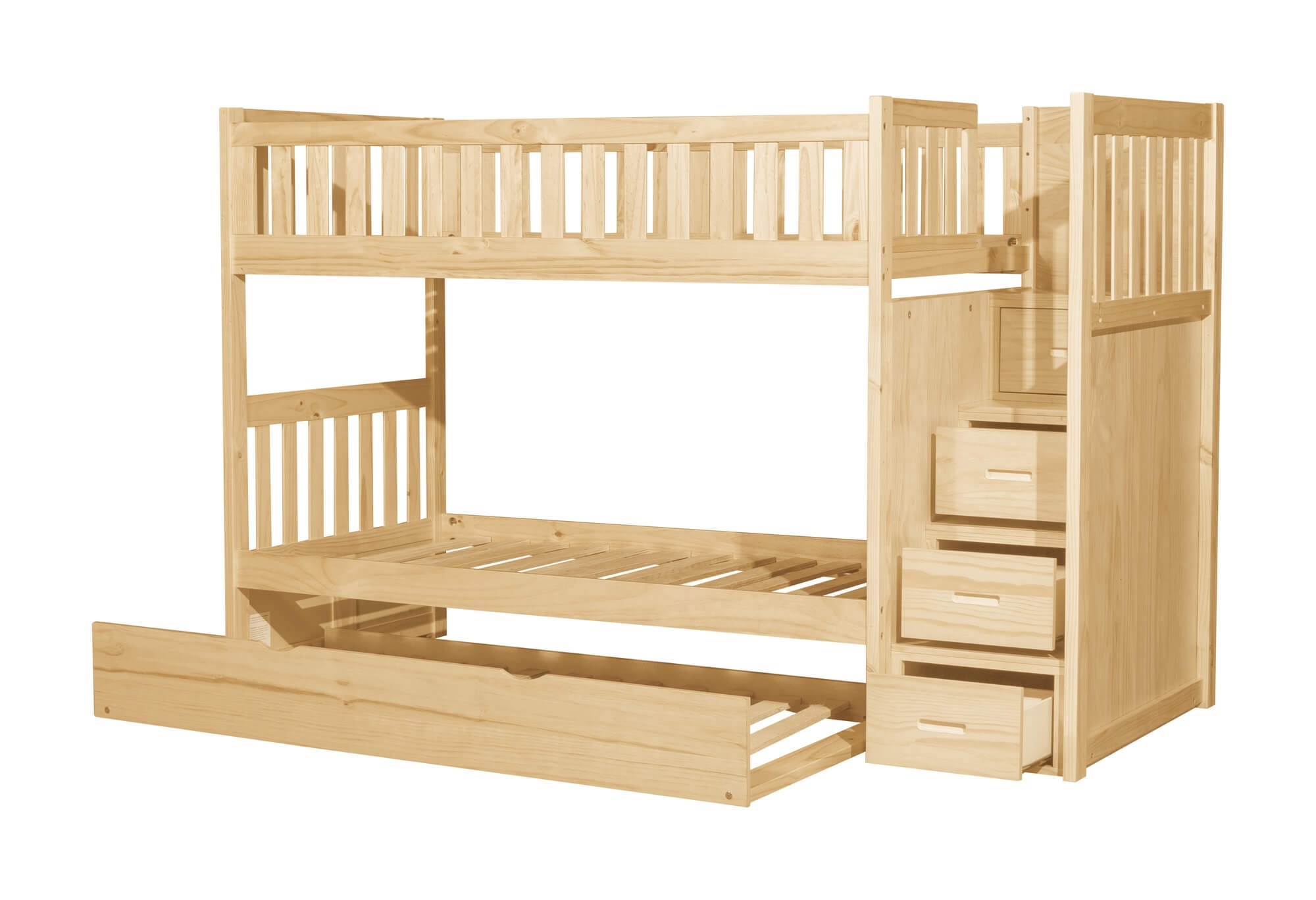 Bartly Wood/Wood Veneer Bunk Bed w/ Twin Trundle & Reversible Step Storage, Twin/Twin Size