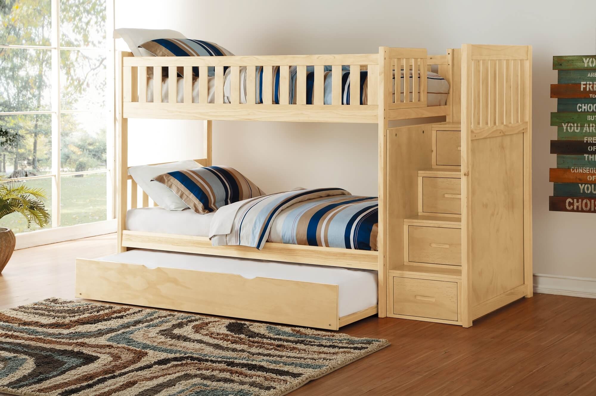 Bartly Wood/Wood Veneer Bunk Bed w/ Twin Trundle & Reversible Step Storage, Twin/Twin Size