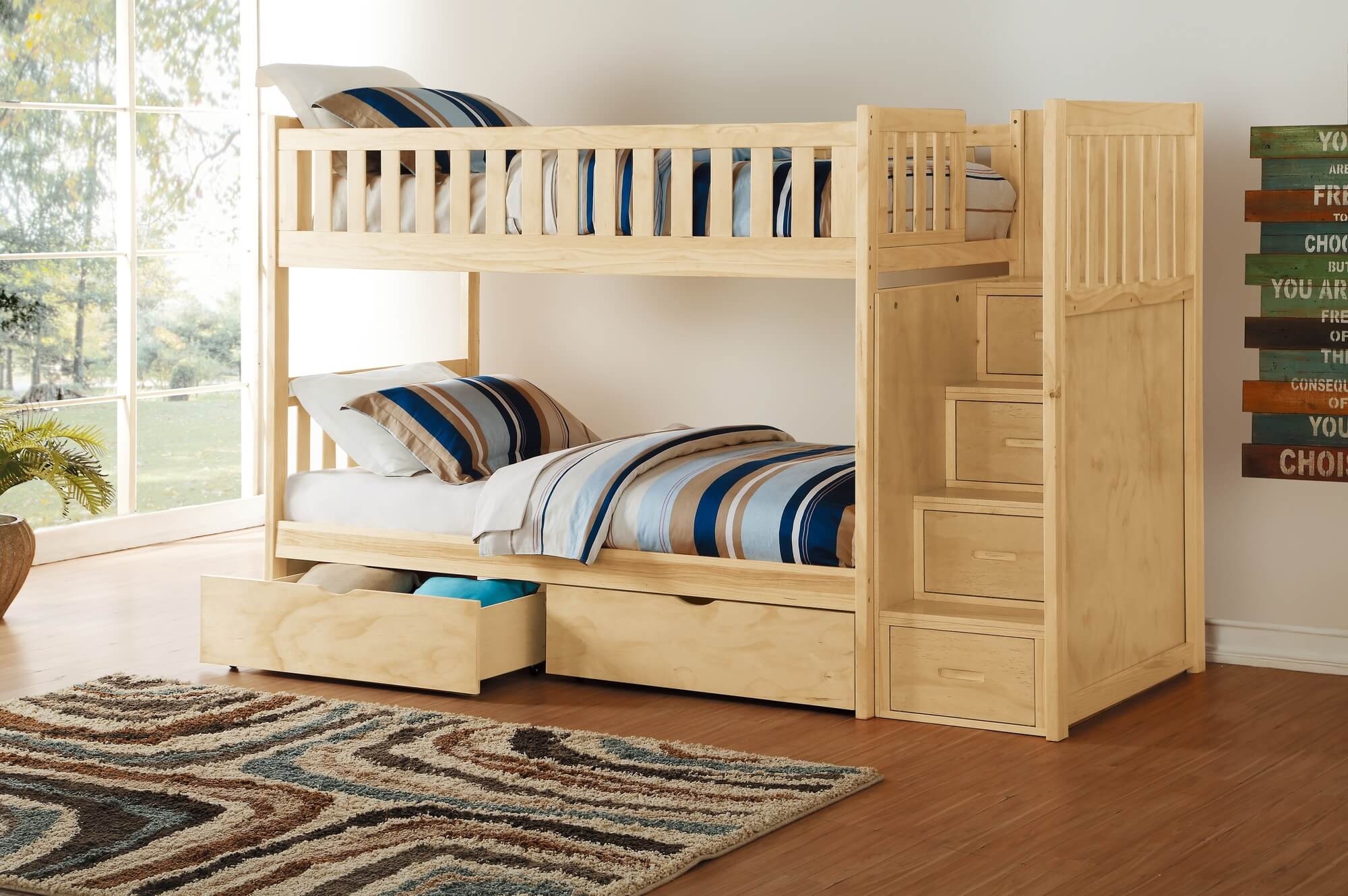 Bartly Wood/Wood Veneer Bunk Bed w/ Storage Boxes & Reversible Step Storage, Twin/Twin Size