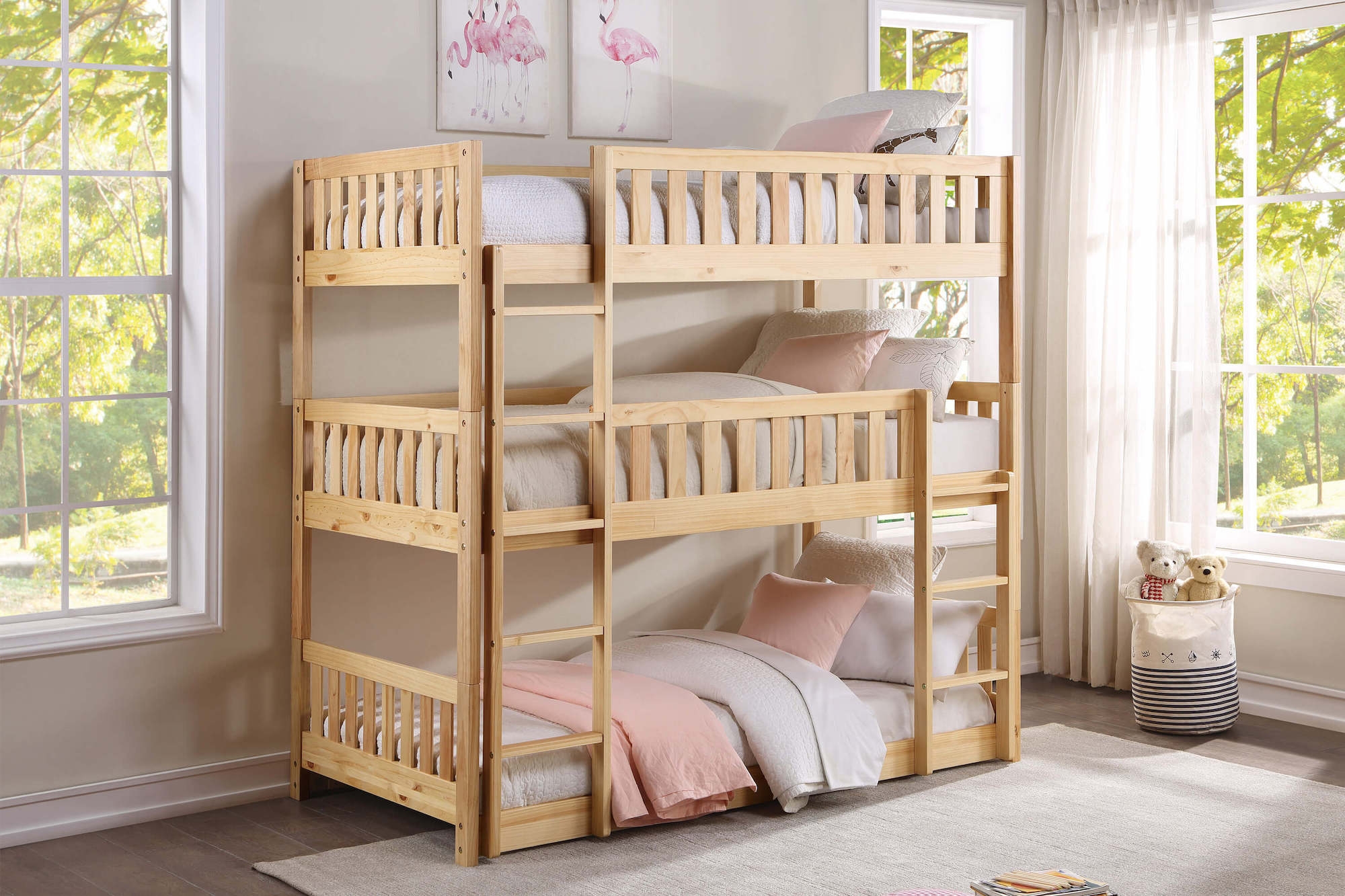 Bartly Wood/Wood Veneer Triple Bunk Bed, Twin/Twin/Twin Size