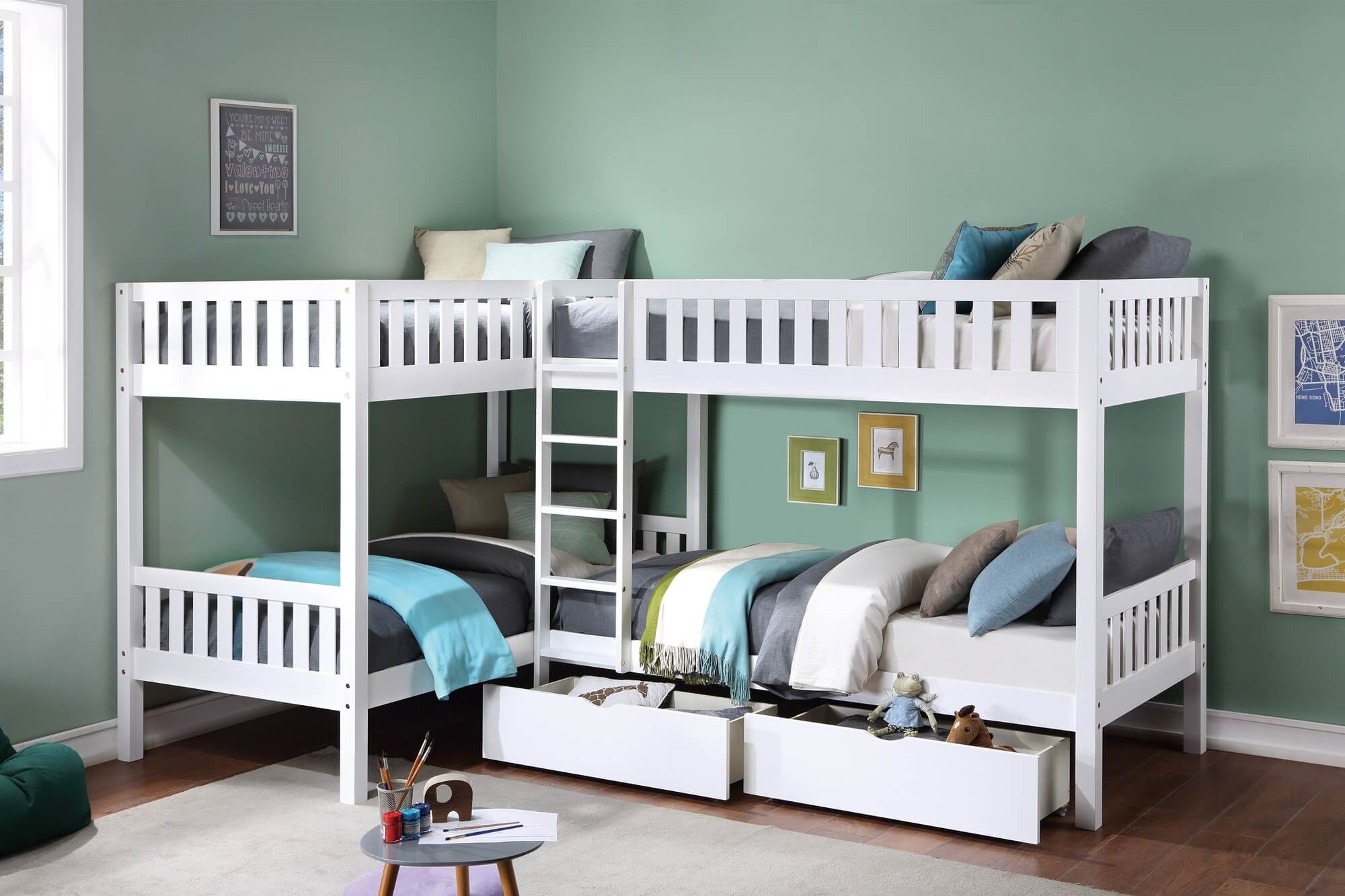 Galen Wood Corner Bunk Bed w/ Storage Boxes