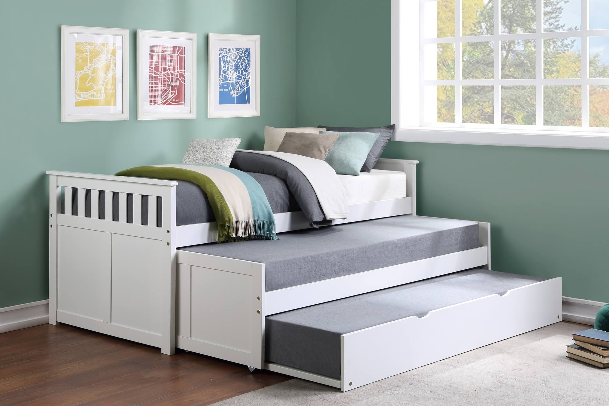 Galen Wood Trundle Bed w/ Extra Twin Trundle, Twin/Twin Size