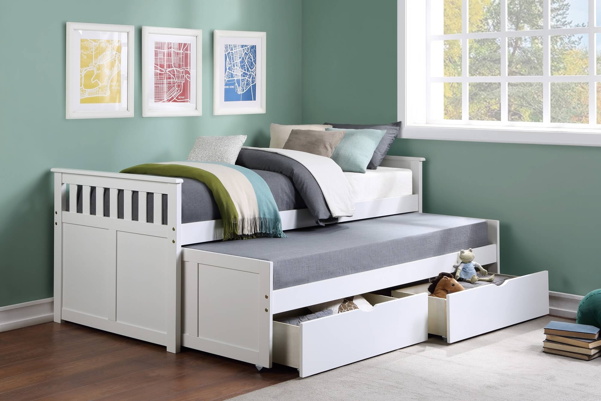 Galen Wood Trundle Bed w/ Storage Boxes, Twin/Twin Size