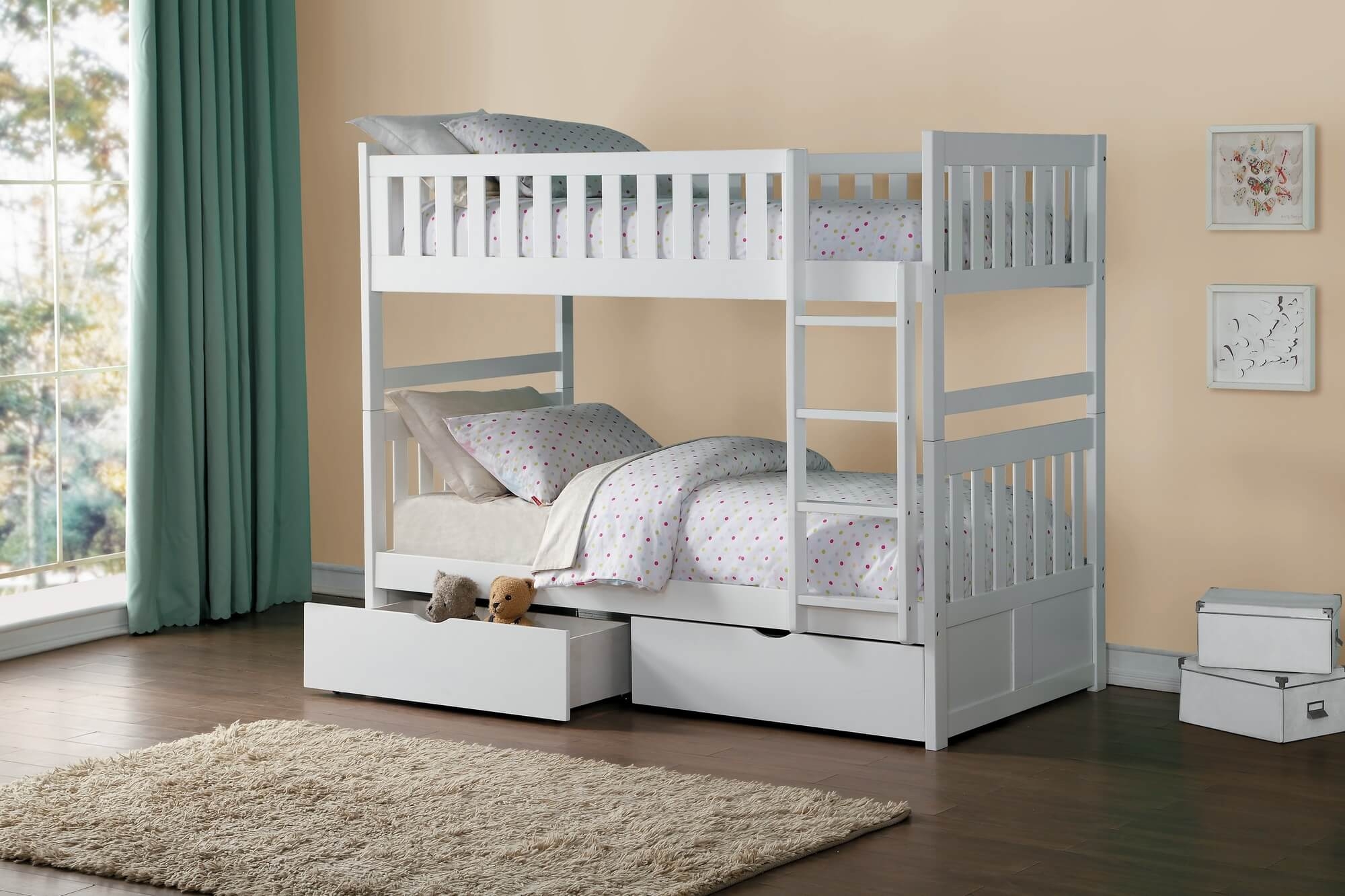 Galen Wood Bunk Bed w/ Storage Boxes, Twin/Twin Size