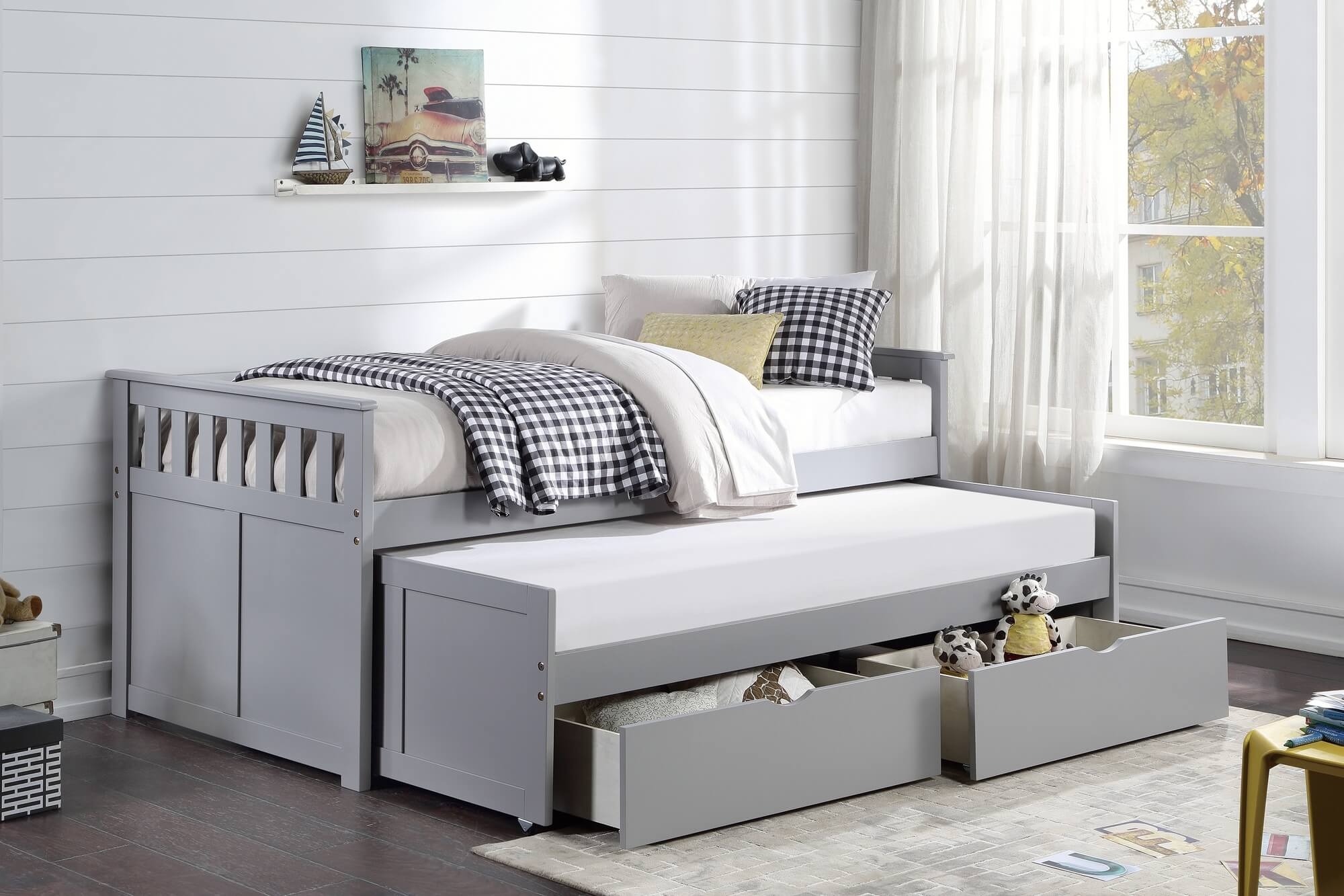 Orion Wood Trundle Bed w/ Storage Boxes, Twin/Twin Size